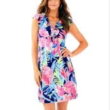 Lilly Pulitzer Floral Clare Silk Jersey High Tide V Neck Mini Dress Size XS