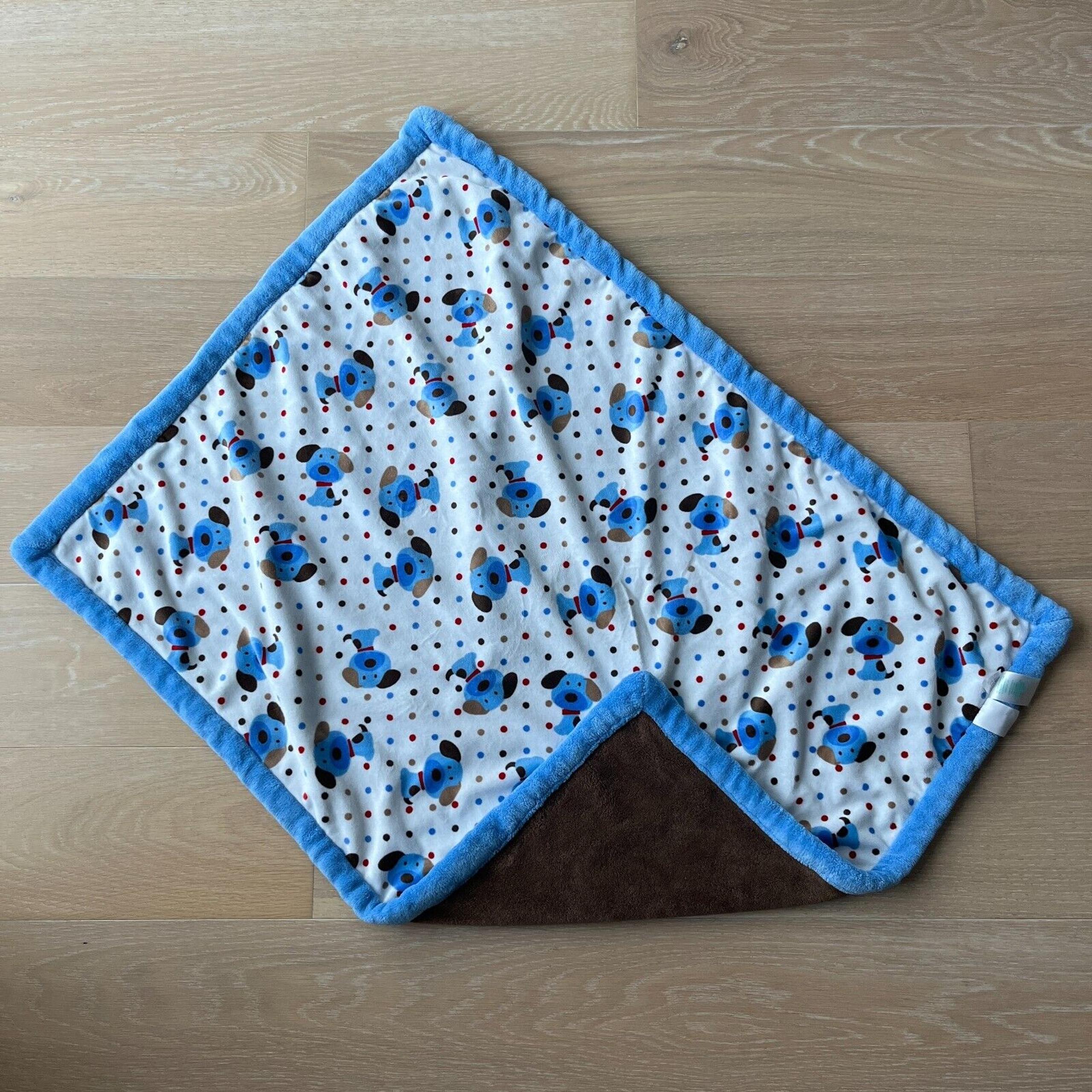Okie Dokie Baby Blanket - Polka Dot Blue Dog Puppy Brown Reversible 30"x40" HTF