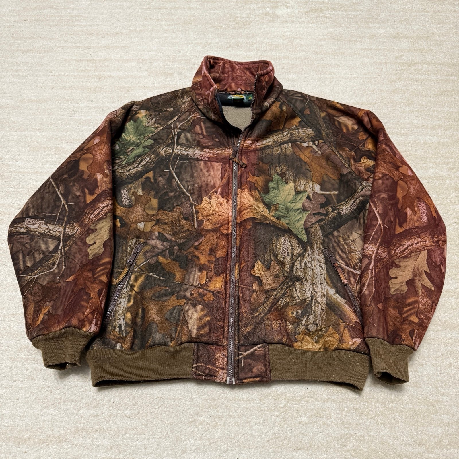 Cabelas Advantage Timber Bomber Jacket Sherpa Lined Camo Camouflage Zip Up Sz L