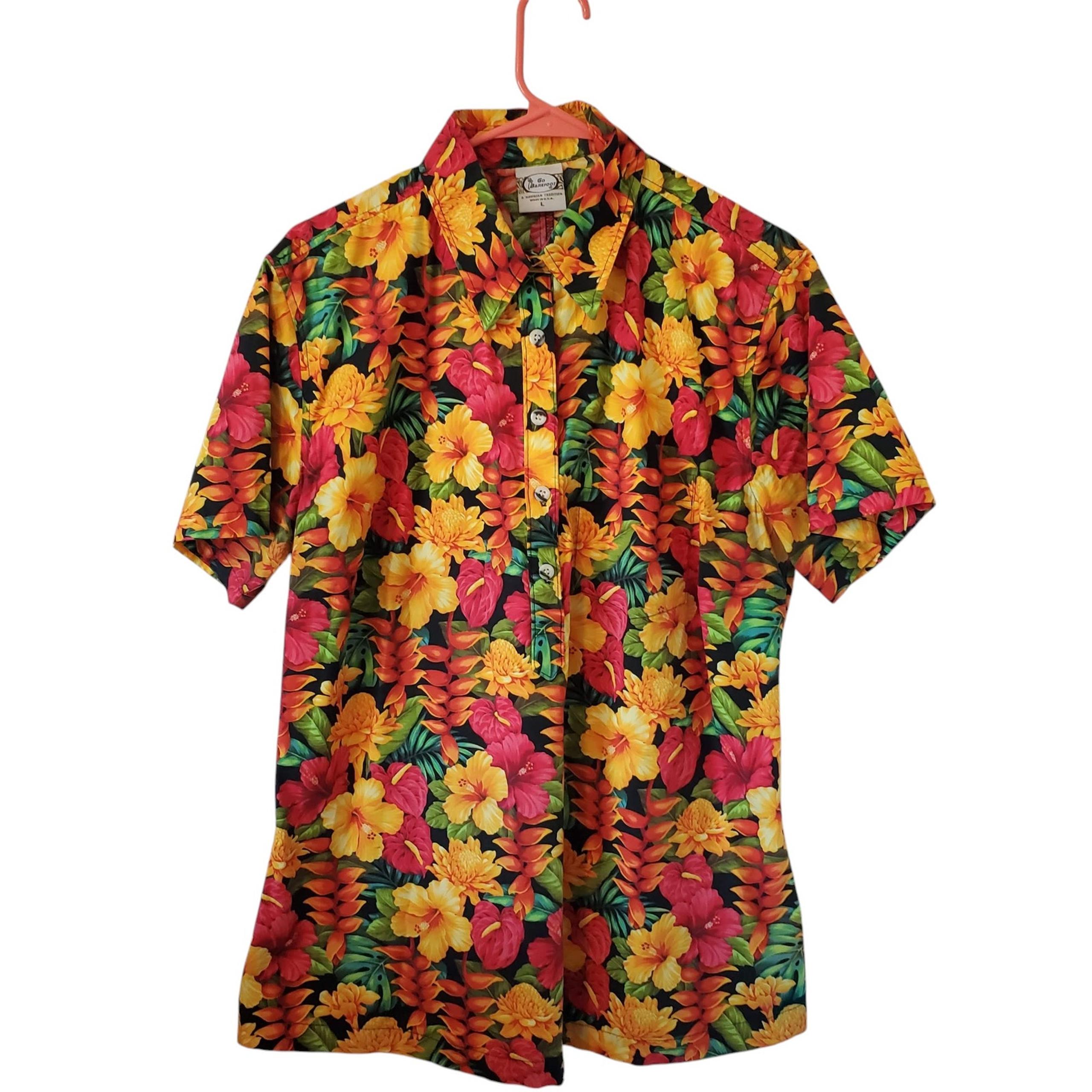 Copied - Go Barefoot Womens Floral Hawaiian Shirt Size Large Red Yellow Tropical