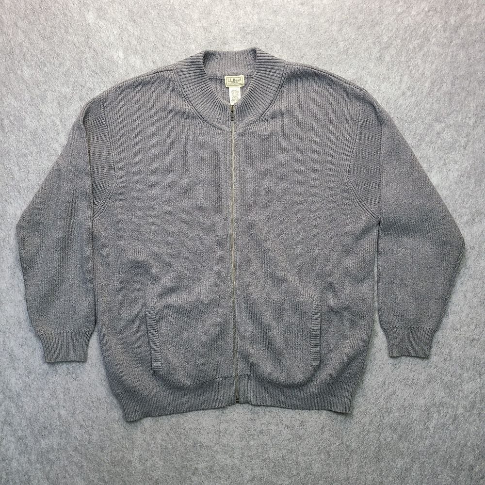 Vintage LL Bean Full Zip Sweater Cardigan Mens XXL Grey Cotton Blend Crew Neck