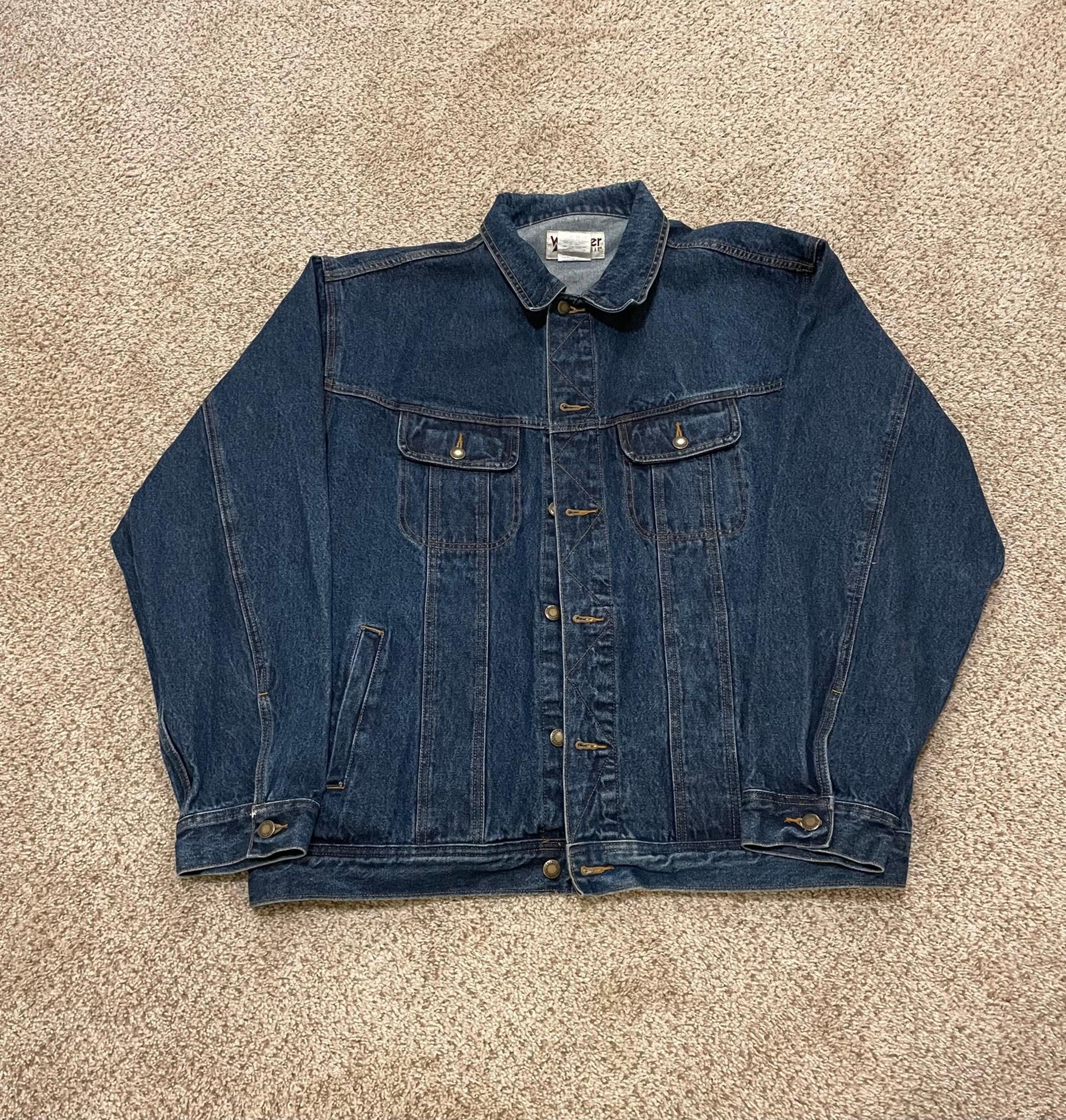 Vtg Wrangler Rugged Wear Mens Blue Denim Lined Trucker Jean Jacket Size 2xl