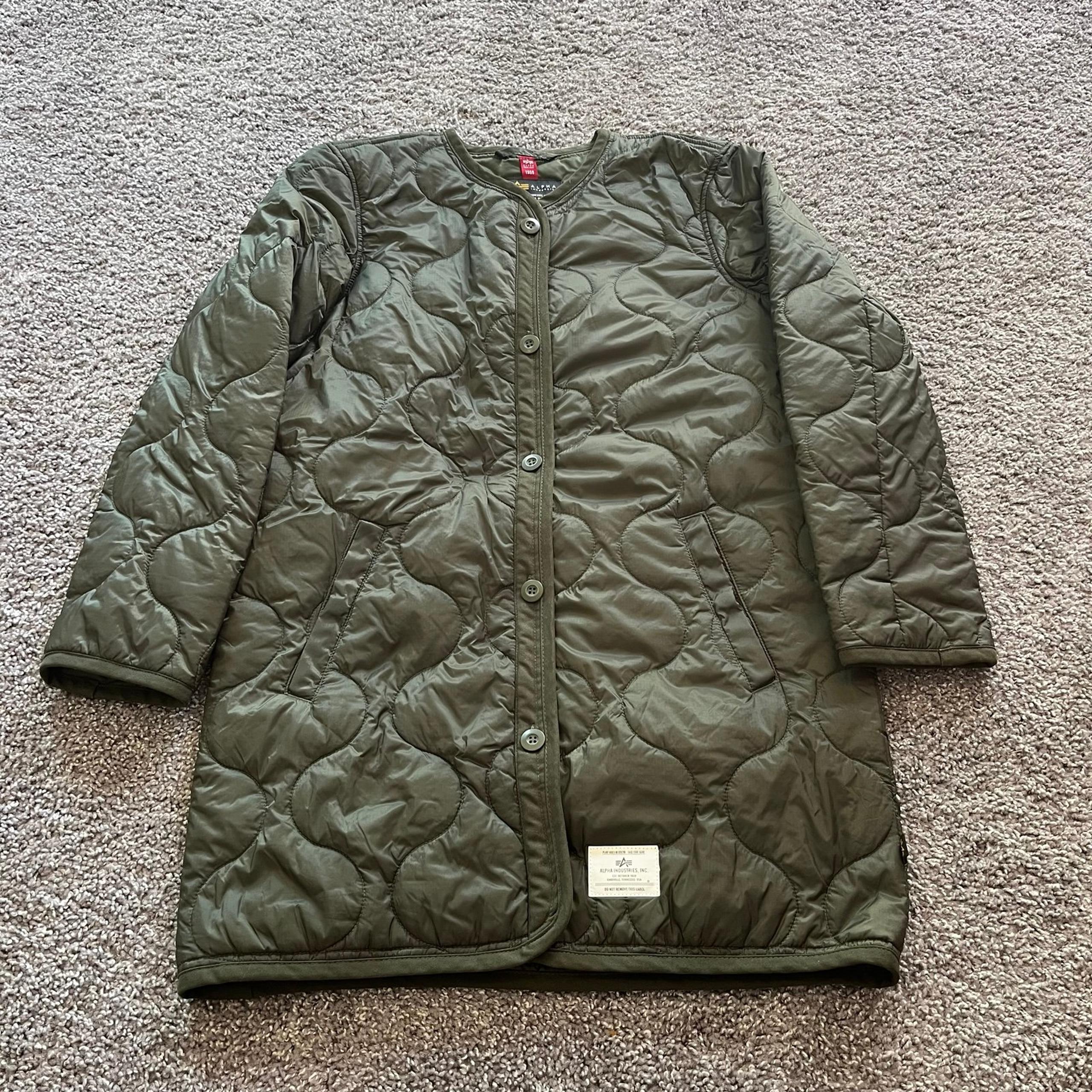 Alpha Industries Long Quilted Liner Jacket Dark Green Military Style Coat Small