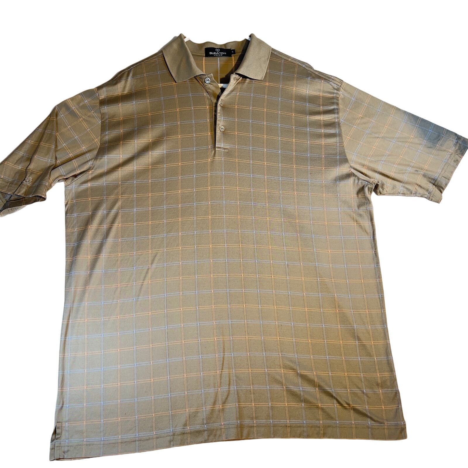Bugatchi Uomo Polo Shirt Mens XL Mercerized EGYPTIAN Cotton Tan Blue Peach Check