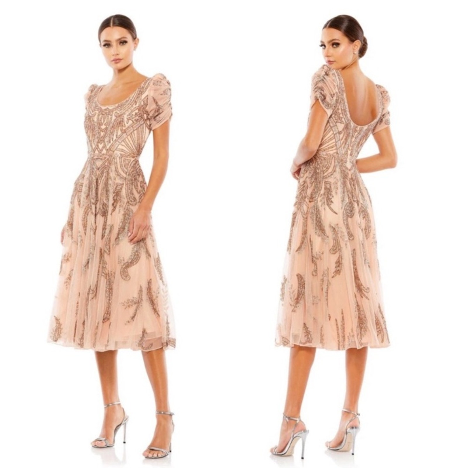 Mac Duggal 5434 Short Sleeve Apricot Beaded A-Line Tea Length Dress Size 8 NWT