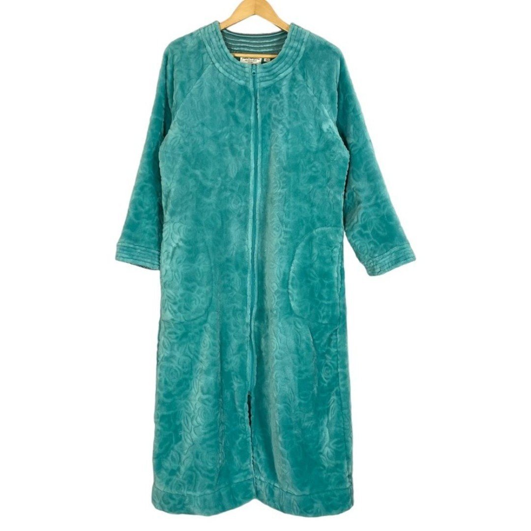 Fleece Robe Housecoat Women Teal‎ Floral Zip-Up Size Large Norm Thompson Pockets
