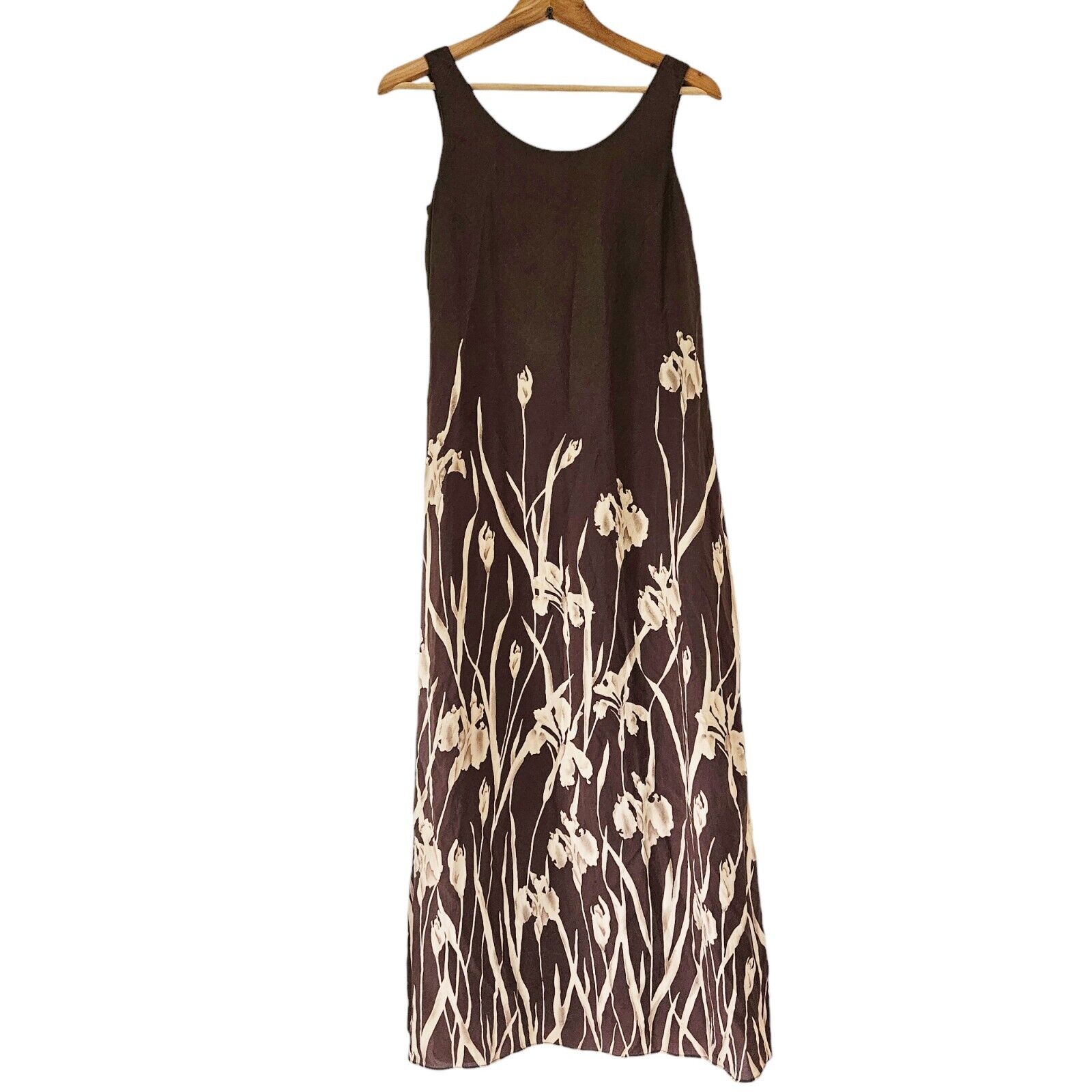 Vtg J. Peterman Silk Midi Dress Womens 4 Brown Beige Floral Fairy Grunge Boho
