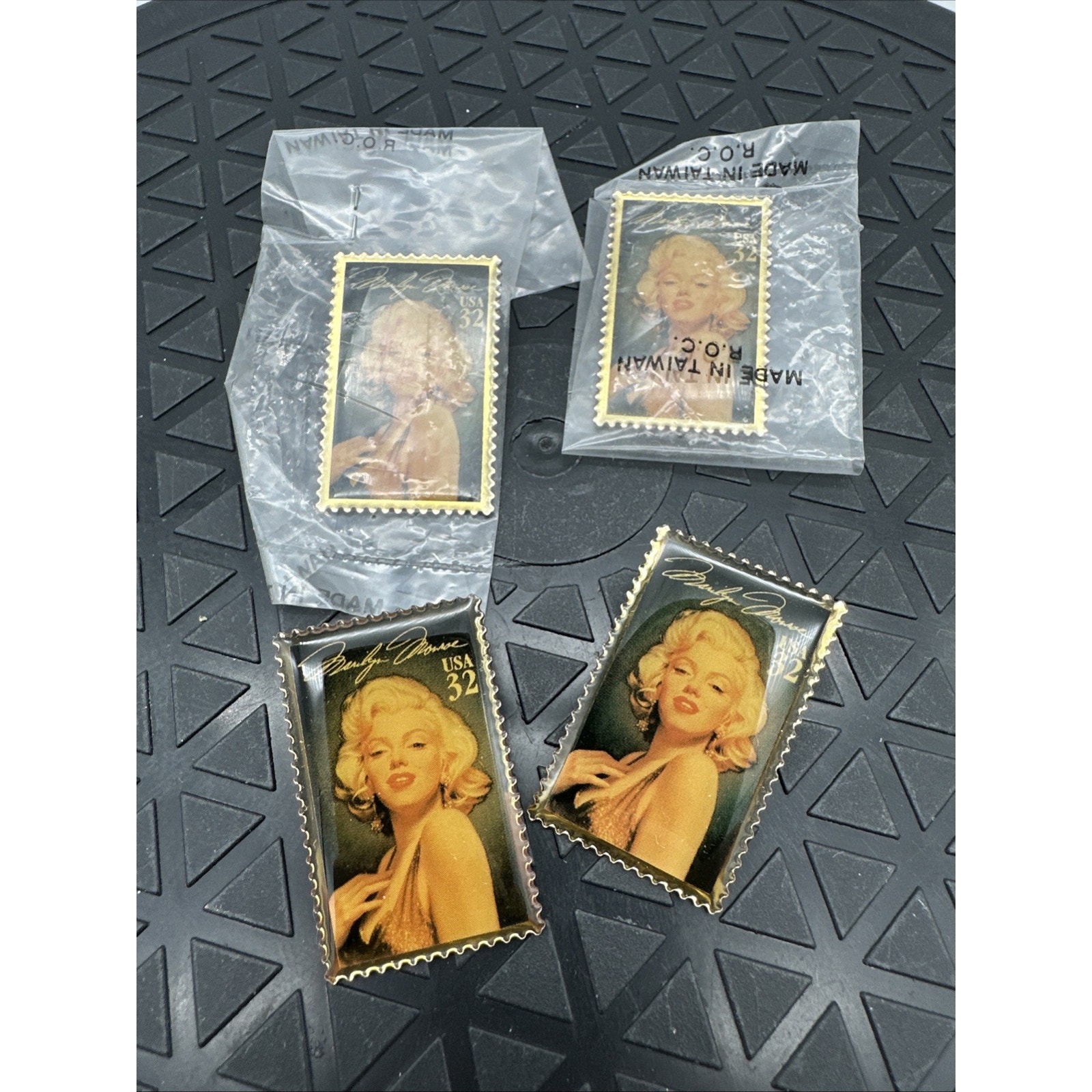 Lot Of 4 Marilyn Monroe Acrylic Covered 32 cent U.S. Postage Stamp Lapel Pin.