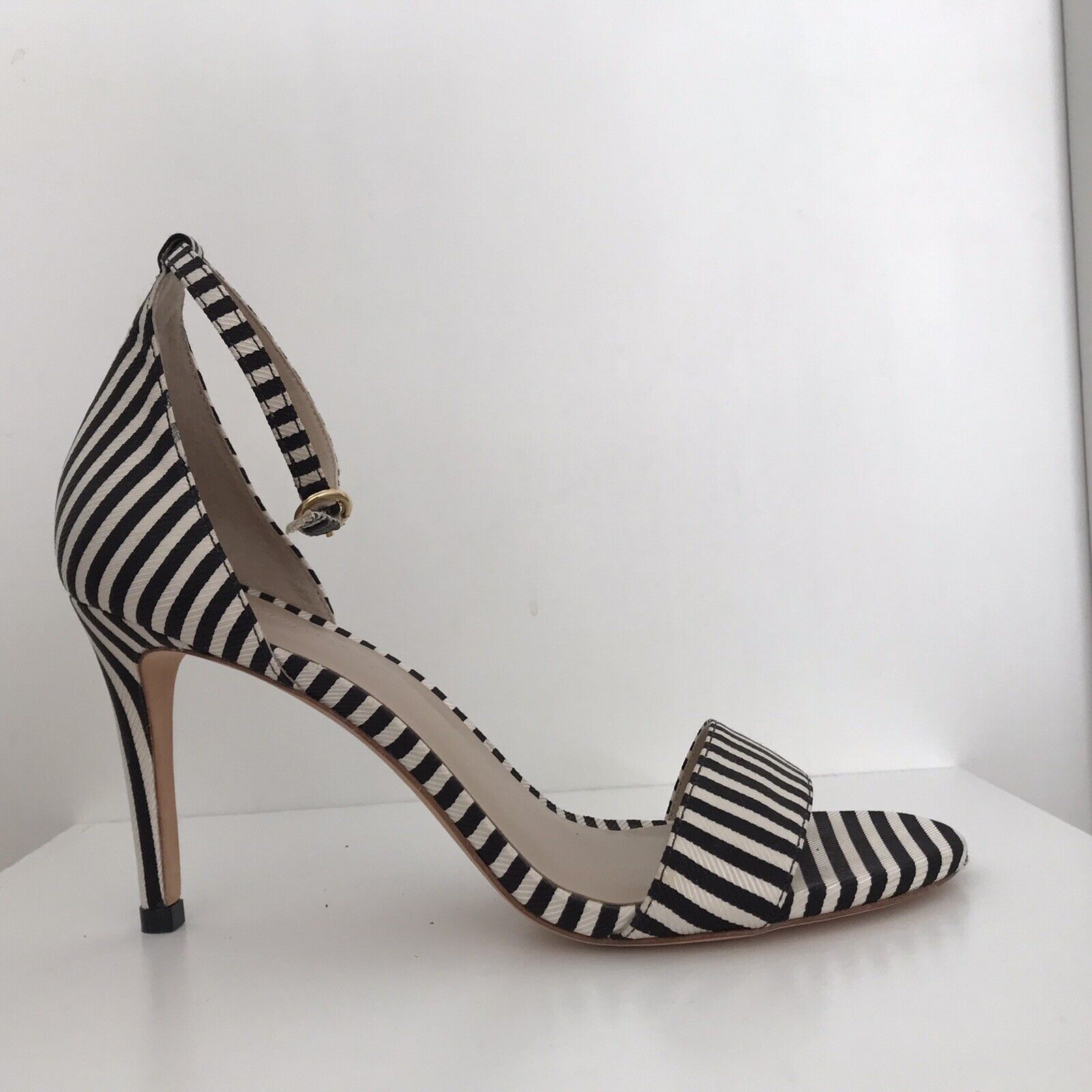 NEW - Zimmermann Printed Strap Sandals, Black/White Stripe Fabric, 39