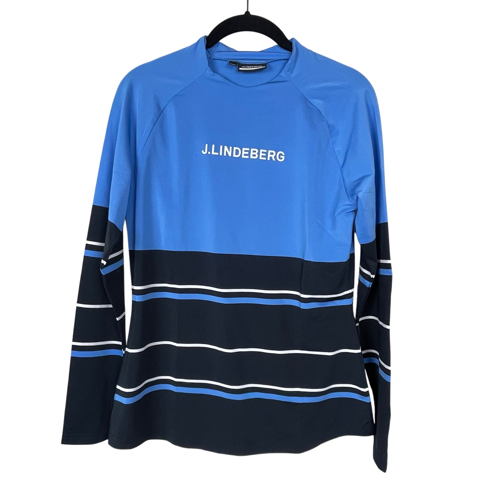 J. Lindeberg Women's High Neck Striped Logo Top Blue Raglan Sleeve Golf L