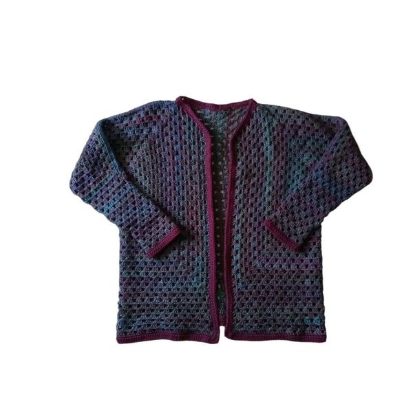 Handmade Multicolored Blue and Purple Acrylic Crochet Granny Hexagon Cardigan