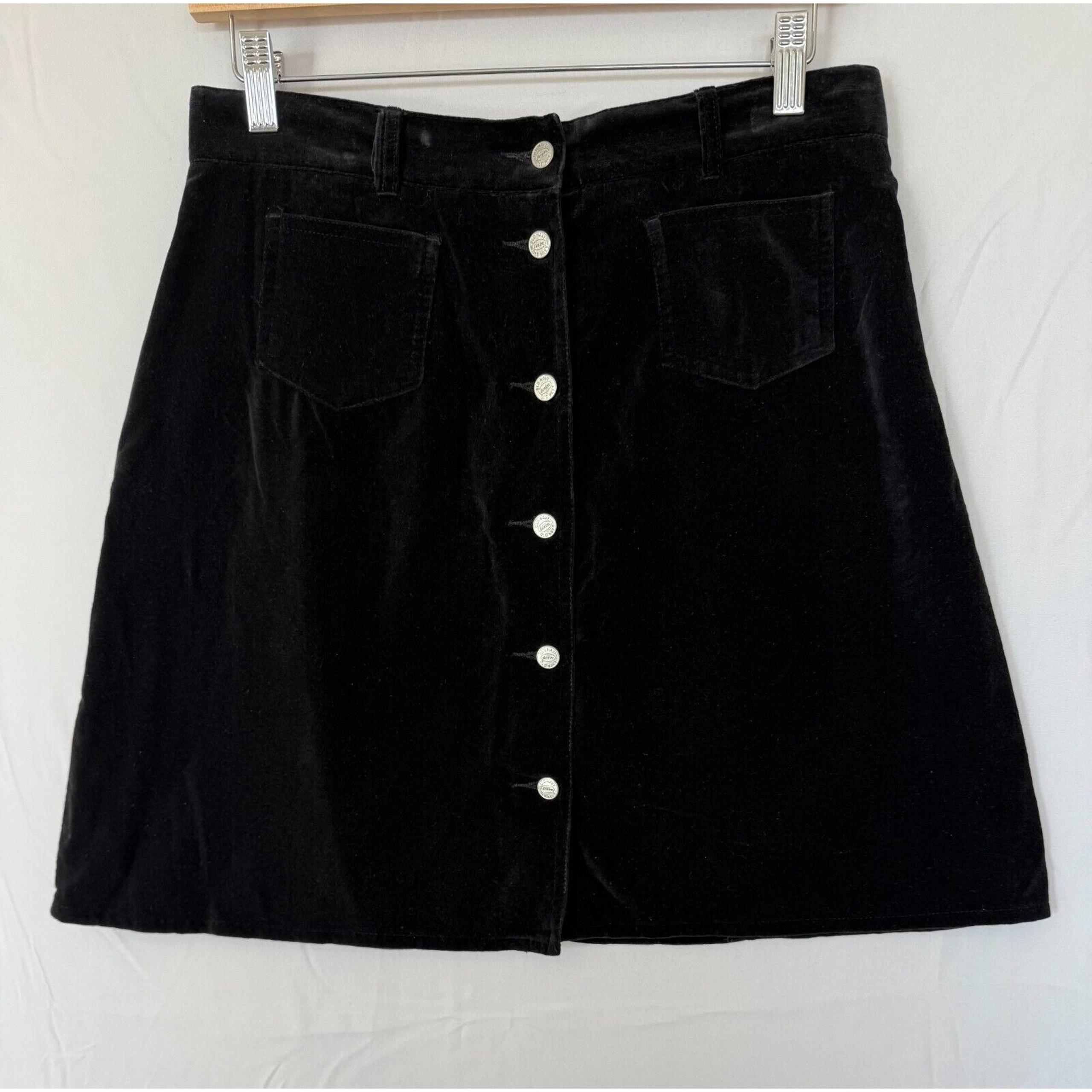 Old Navy Velvet Skirt Womens Sz 12 Cotton 90s Pockets A Line Button Front Black