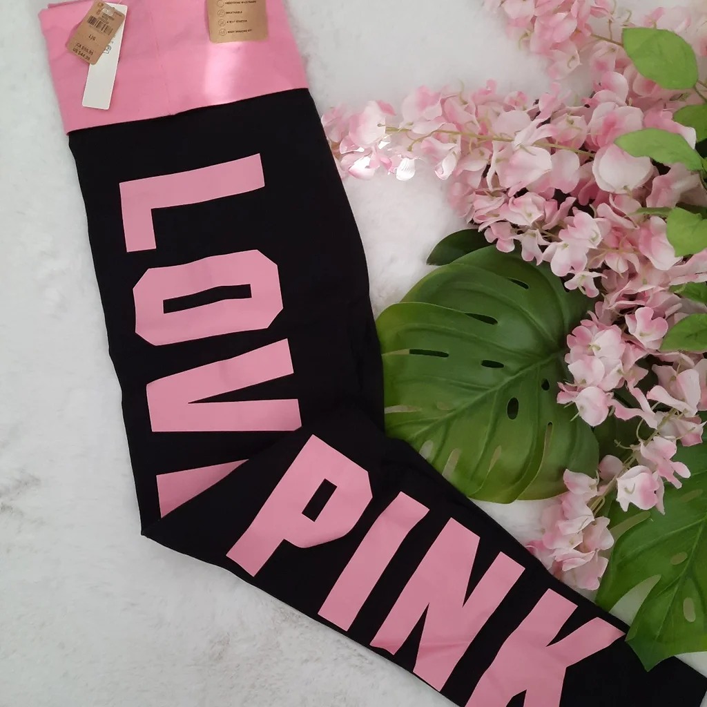 NEW (L) VS PINK Foldover Cotton Leggings Pure Black With Dreamy Pink Waistband