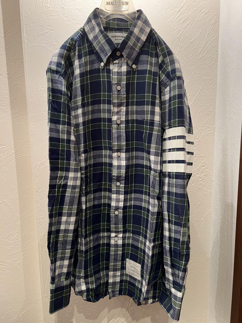 THOM BROWNE Button-Down Shirt 4BAR Navy Green White