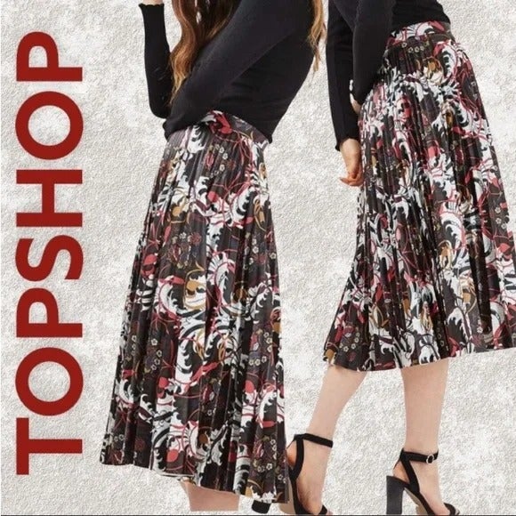 TOPSHOP Skirt Sz 6 Ramble Pleated Faux Leather Floral Midi