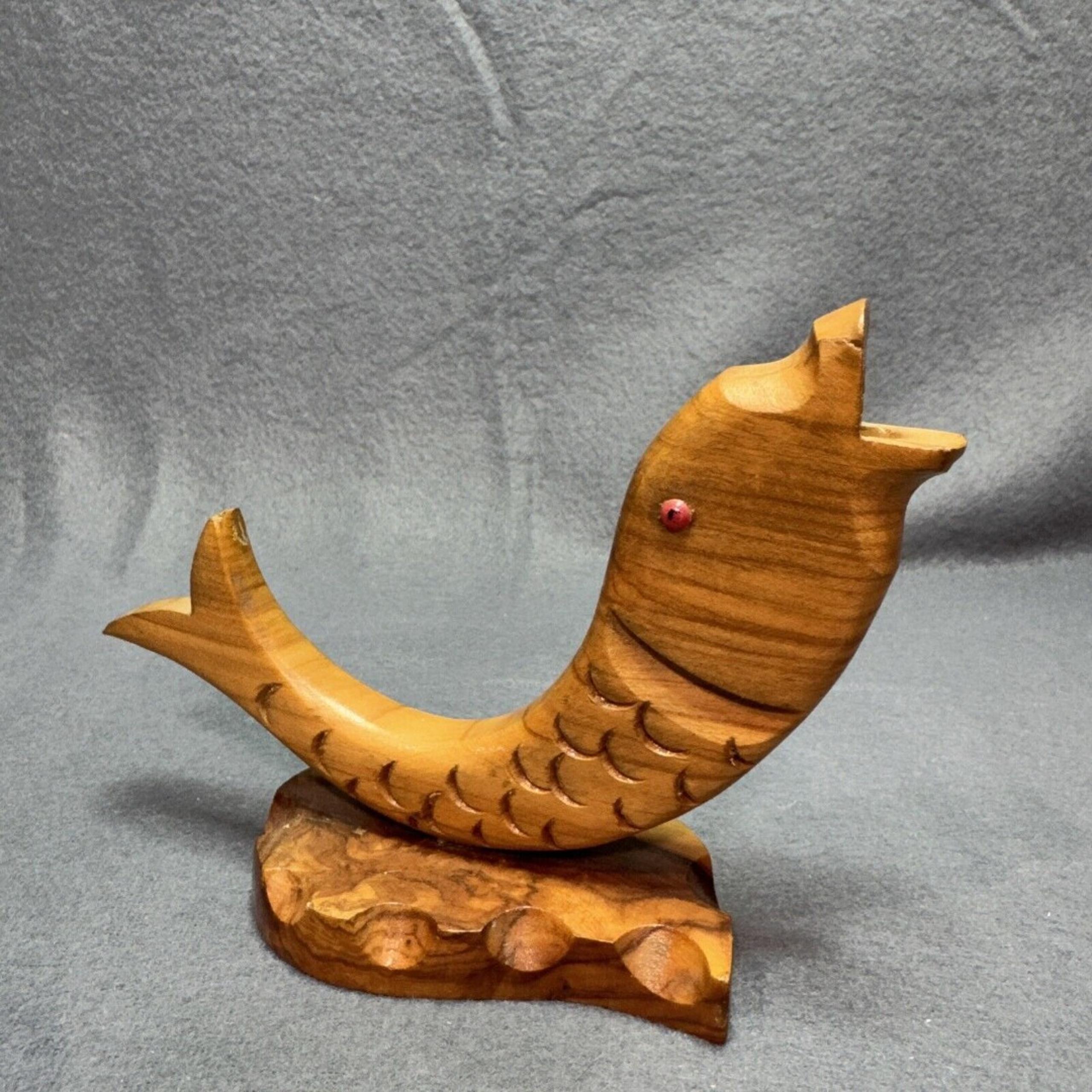 MCM Retro Carved Wooden Koi Fish Figurine with Red Eyes Kitschy Vintage 4.5x6"