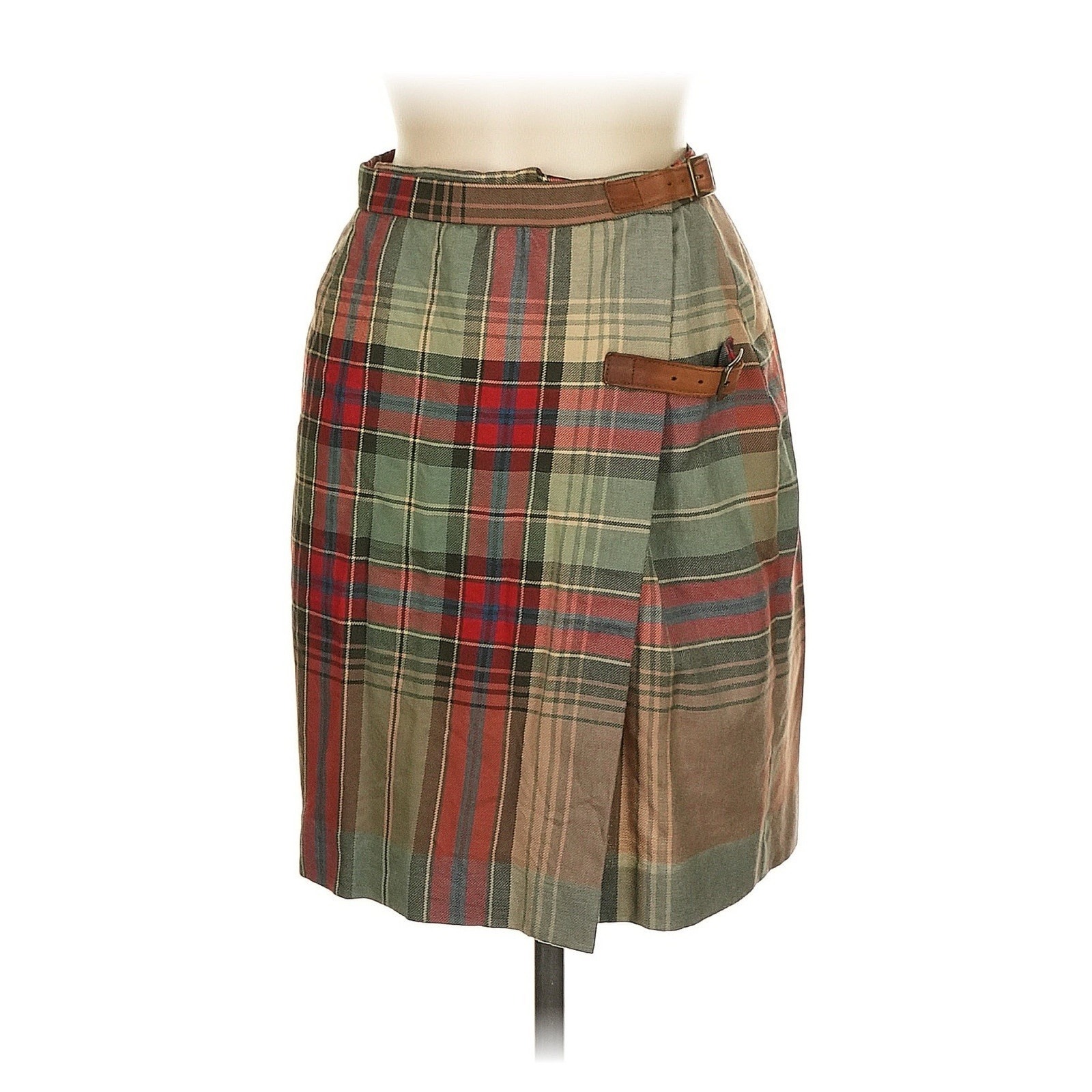 VTG Ralph Lauren Tartan Plaid Wrap Skirt Leather Buckle Wool Khaki Green Red 6