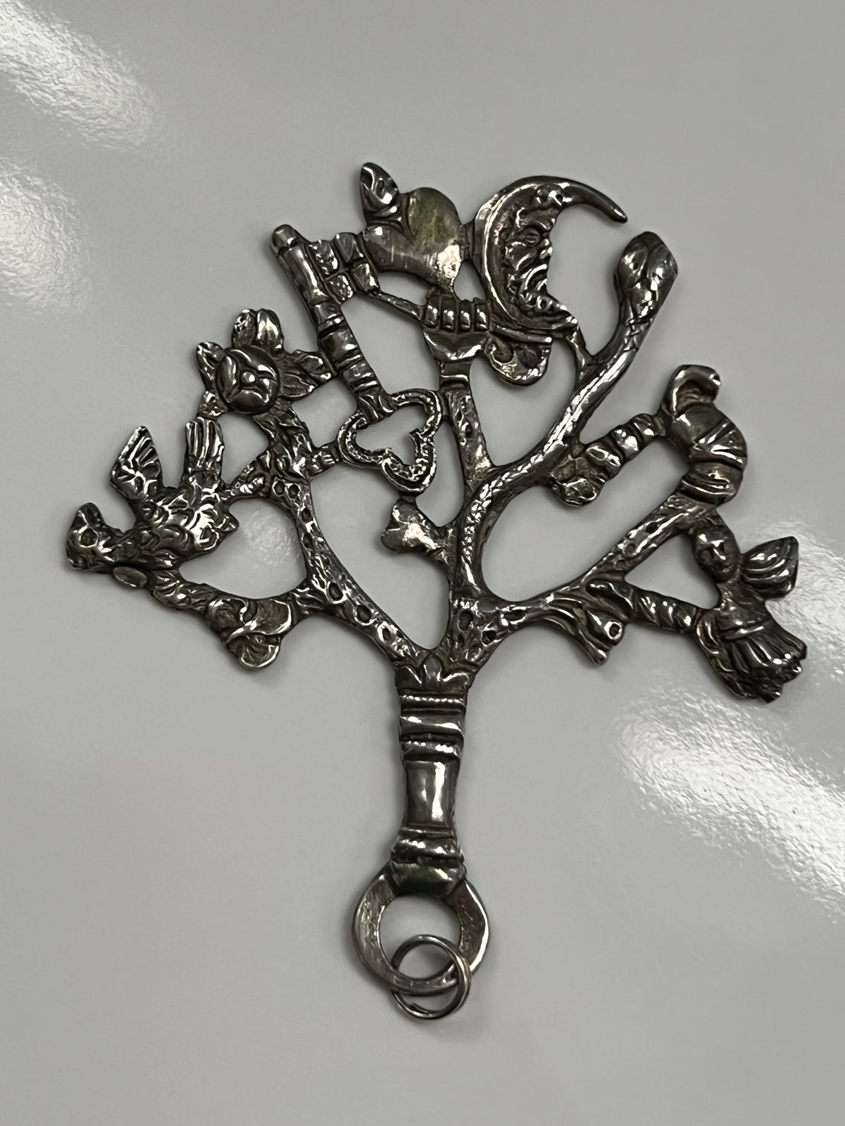 Antique Silver 800 Pendant Key Moon Heart Moon Bird Flower Tree