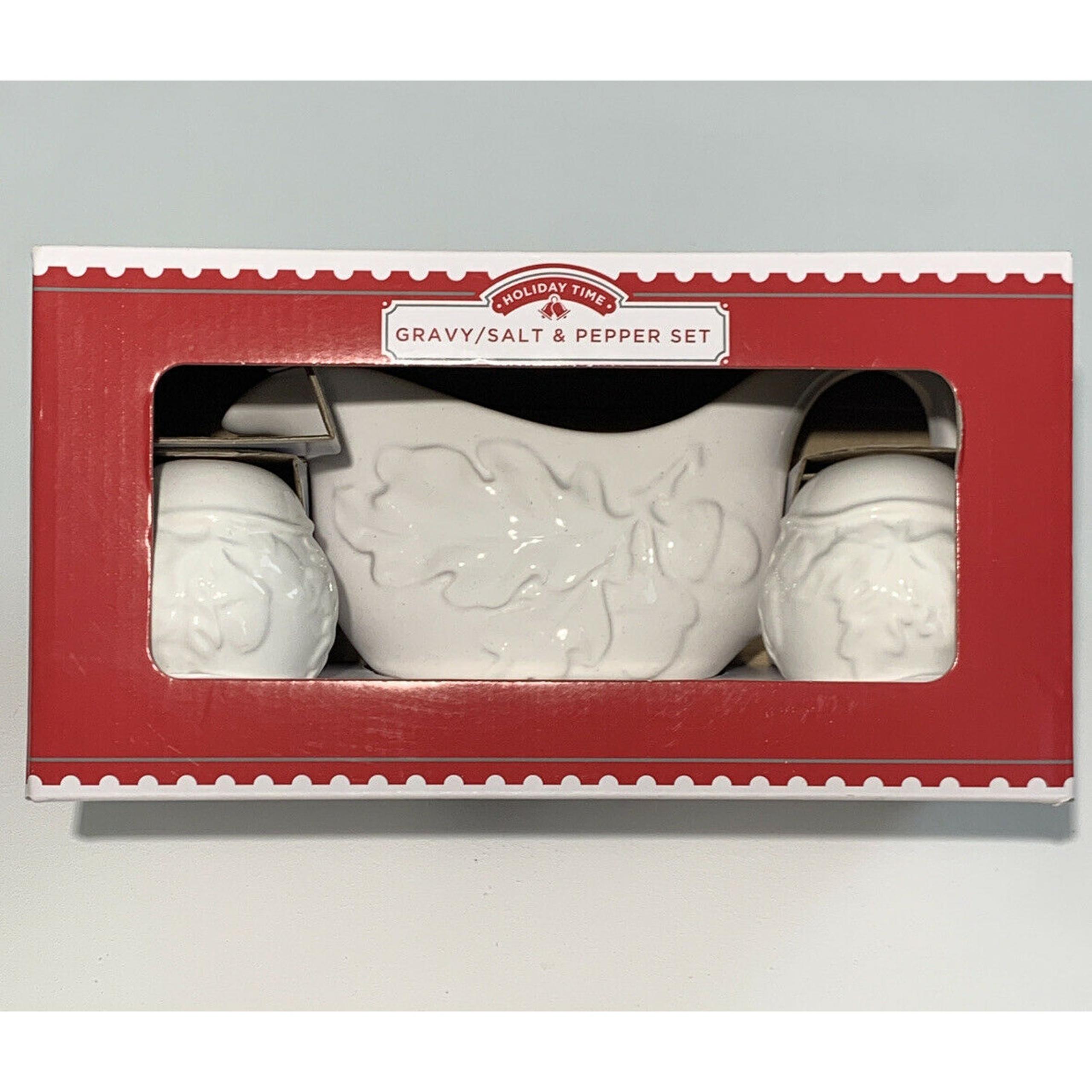 Holiday Time White Gravy Salt & Pepper Set Christmas Holiday Thanksgiving NEW