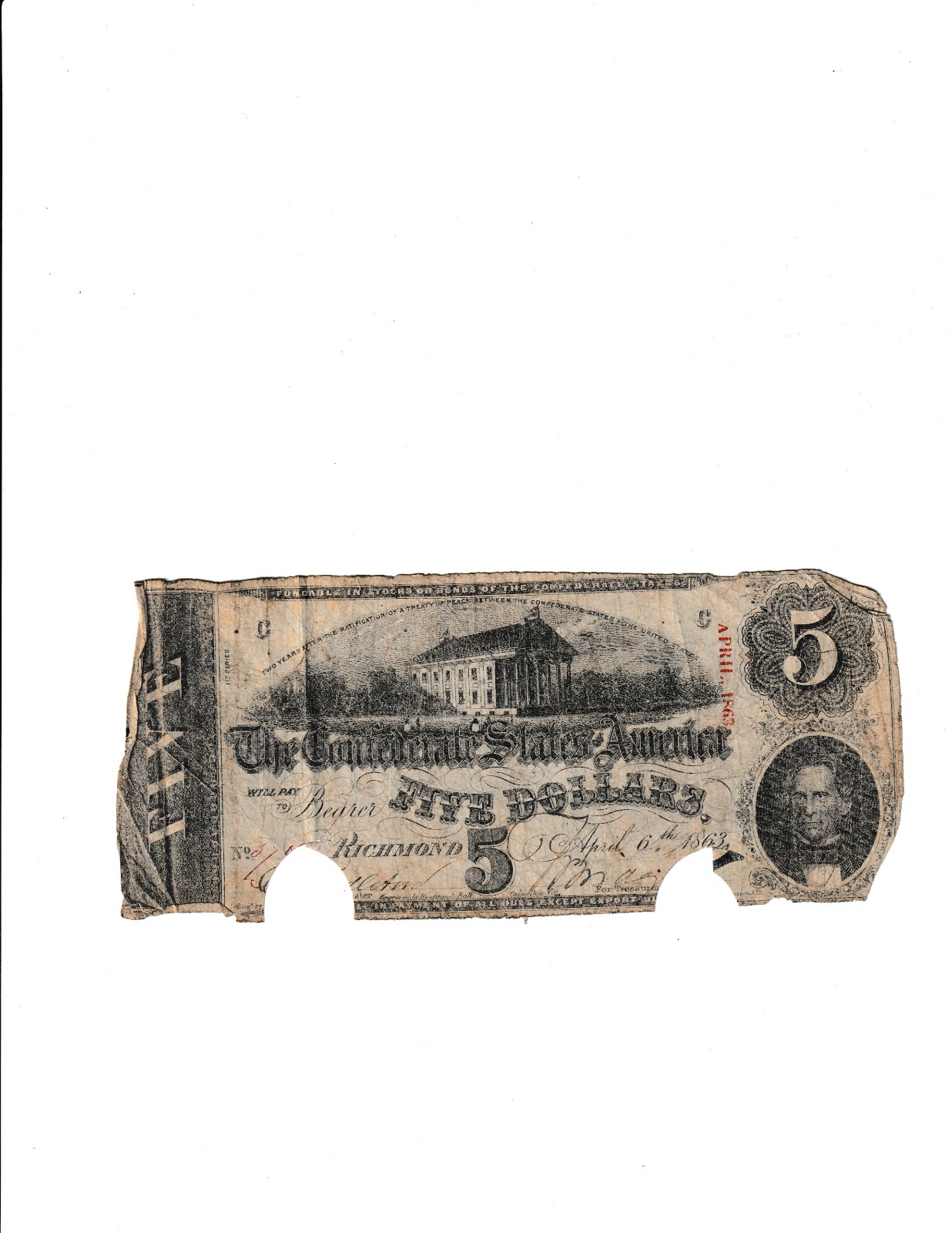 1863 C 3rd Series Confederate States Of America 5 Note.