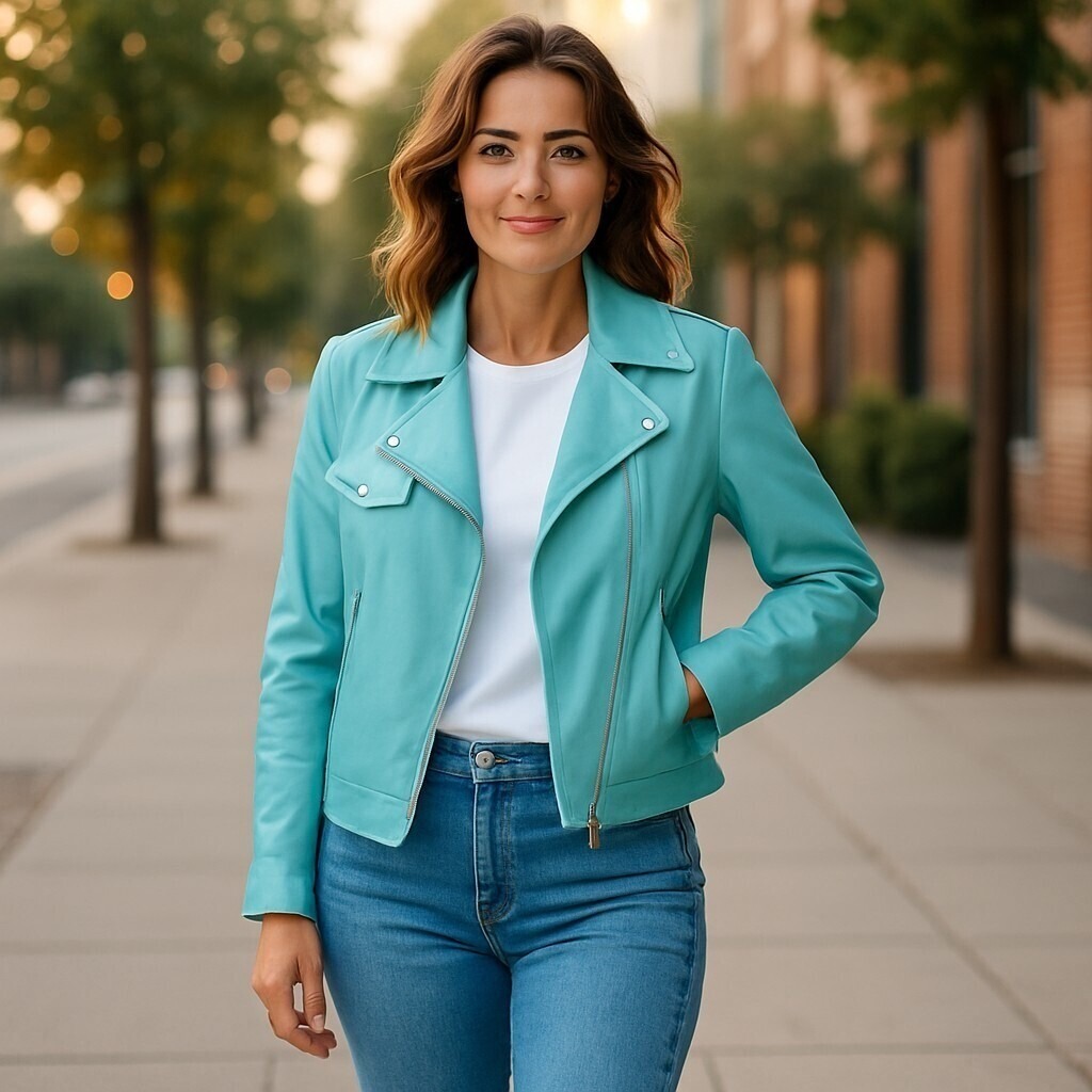 Lane Bryant Moto Jacket Women's 26 Aqua Lined Faux Leather Long Sleeve Full Zip