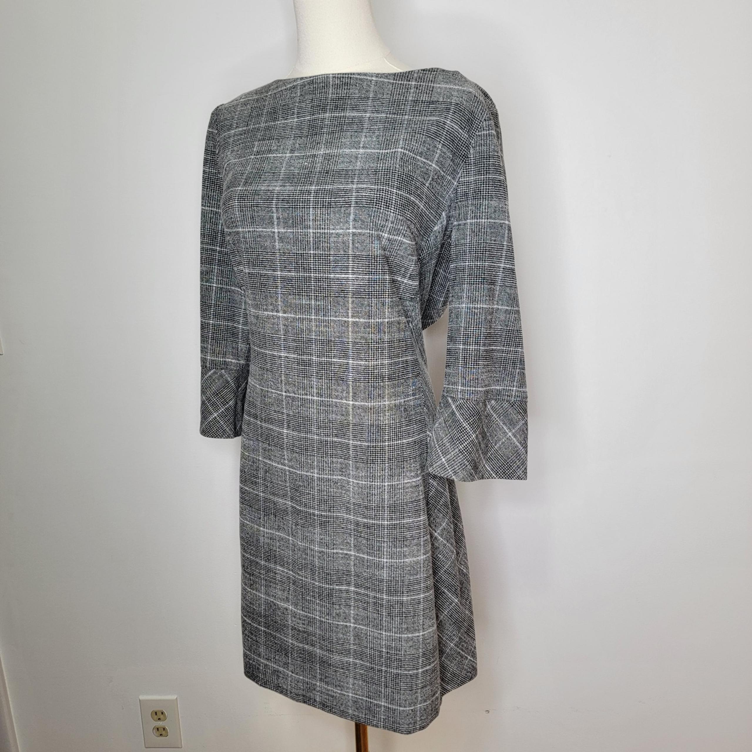 H&M Gray Plaid Women's Dress 3/4 Sleeve Size Medium