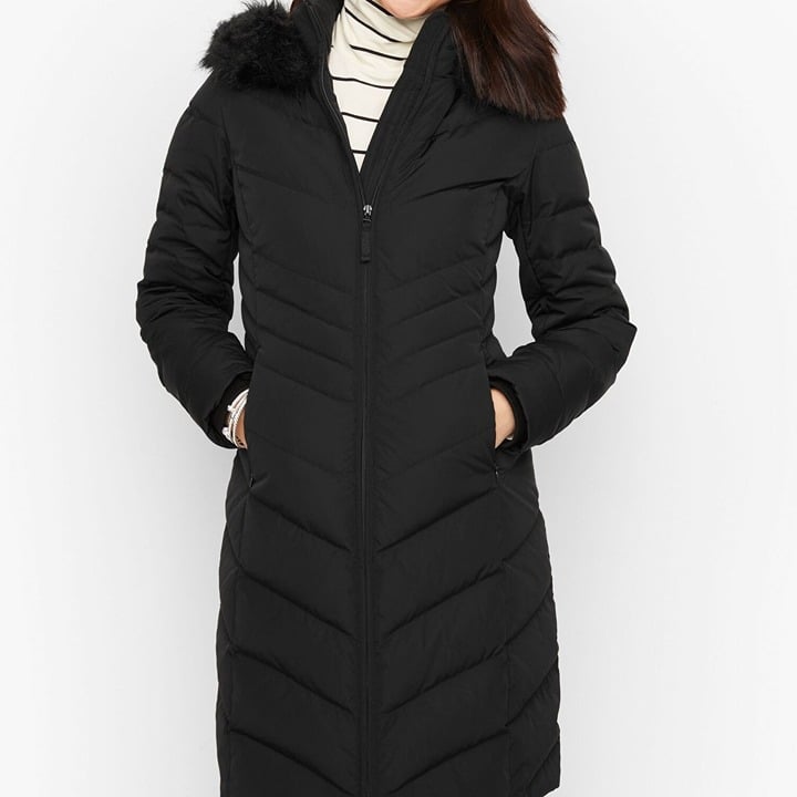 Talbots Faux Fur Hooded Long Down Puffer Coat Parka Womens XL Black