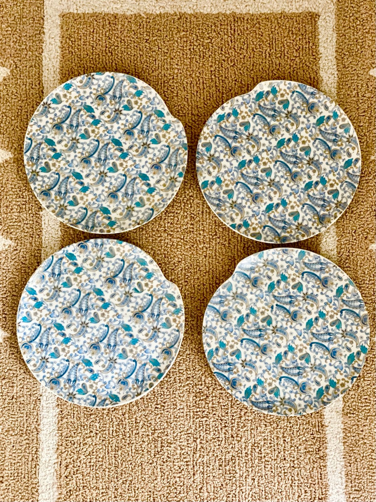 4 vintage lefton blue paisley snack plates (no mugs) 9”