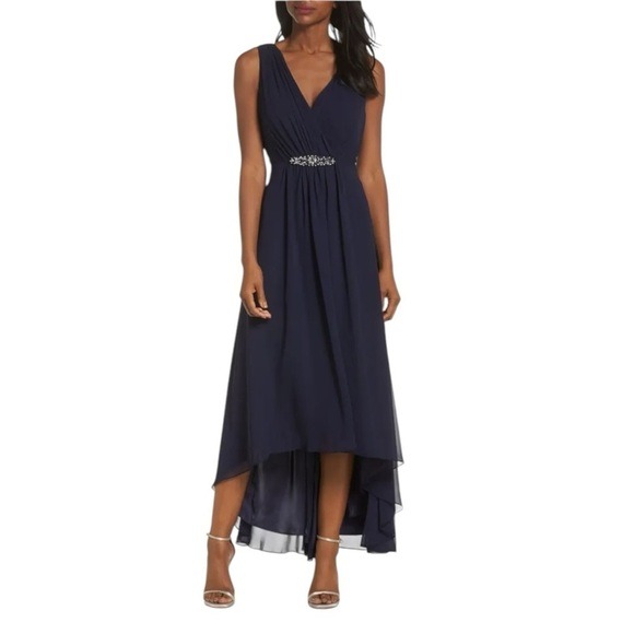 New! Eliza J Navy Blue Embellished High/Low Chiffon Dress