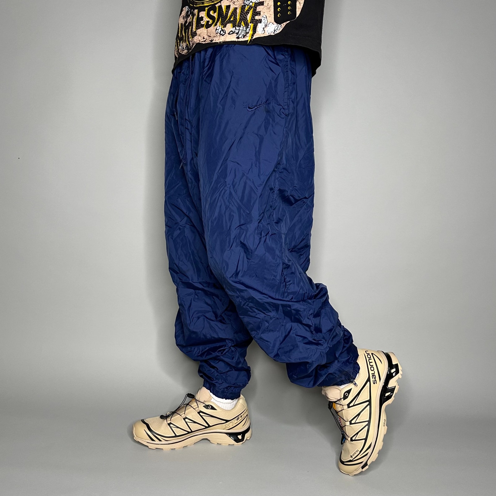Vintage Nike Track Pants Navy Blue Nylon Joggers Subtle Embroidered Swoosh 90s