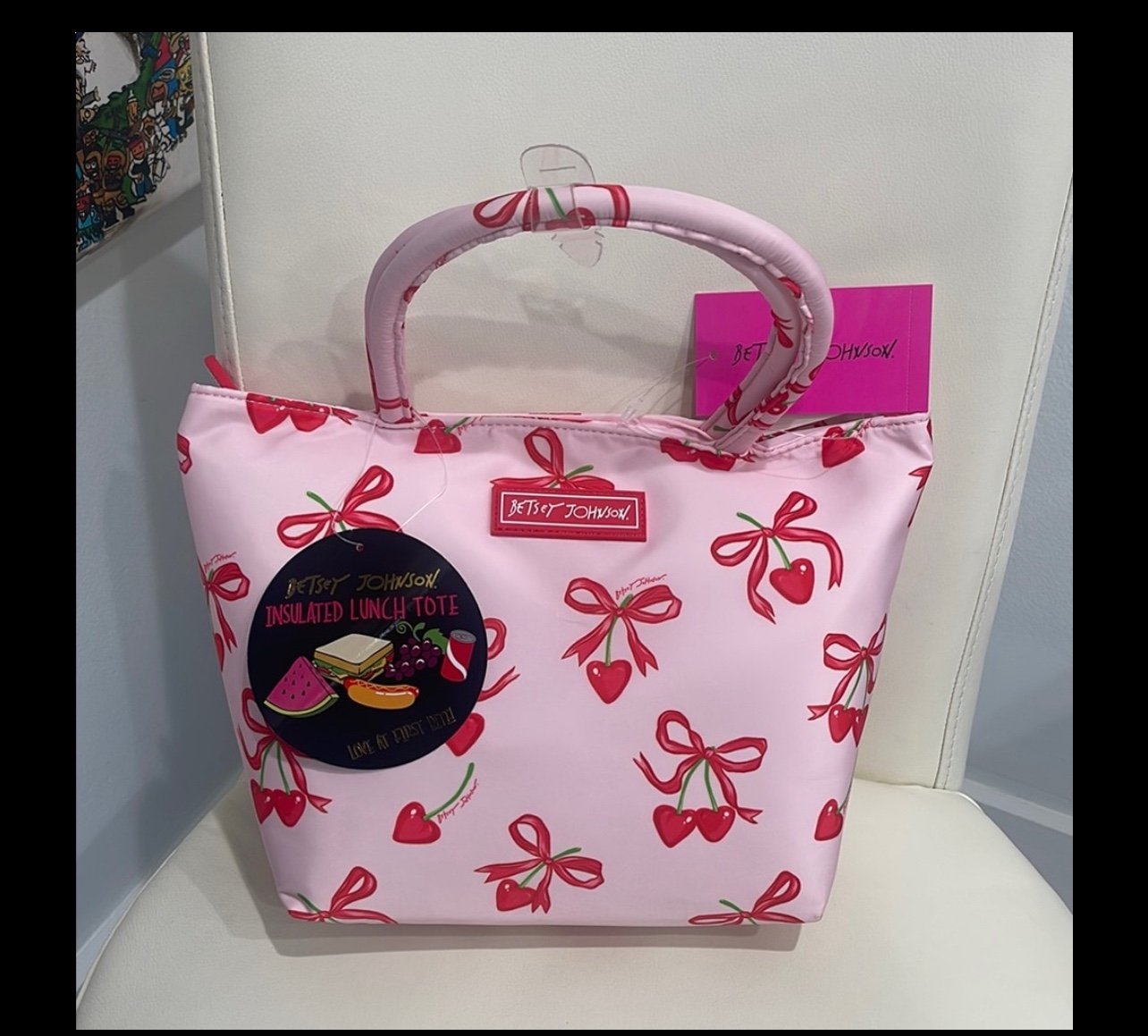 Betsey Johnson Pink/Red Cherry Hearts Insulated Lunch Tote Bag