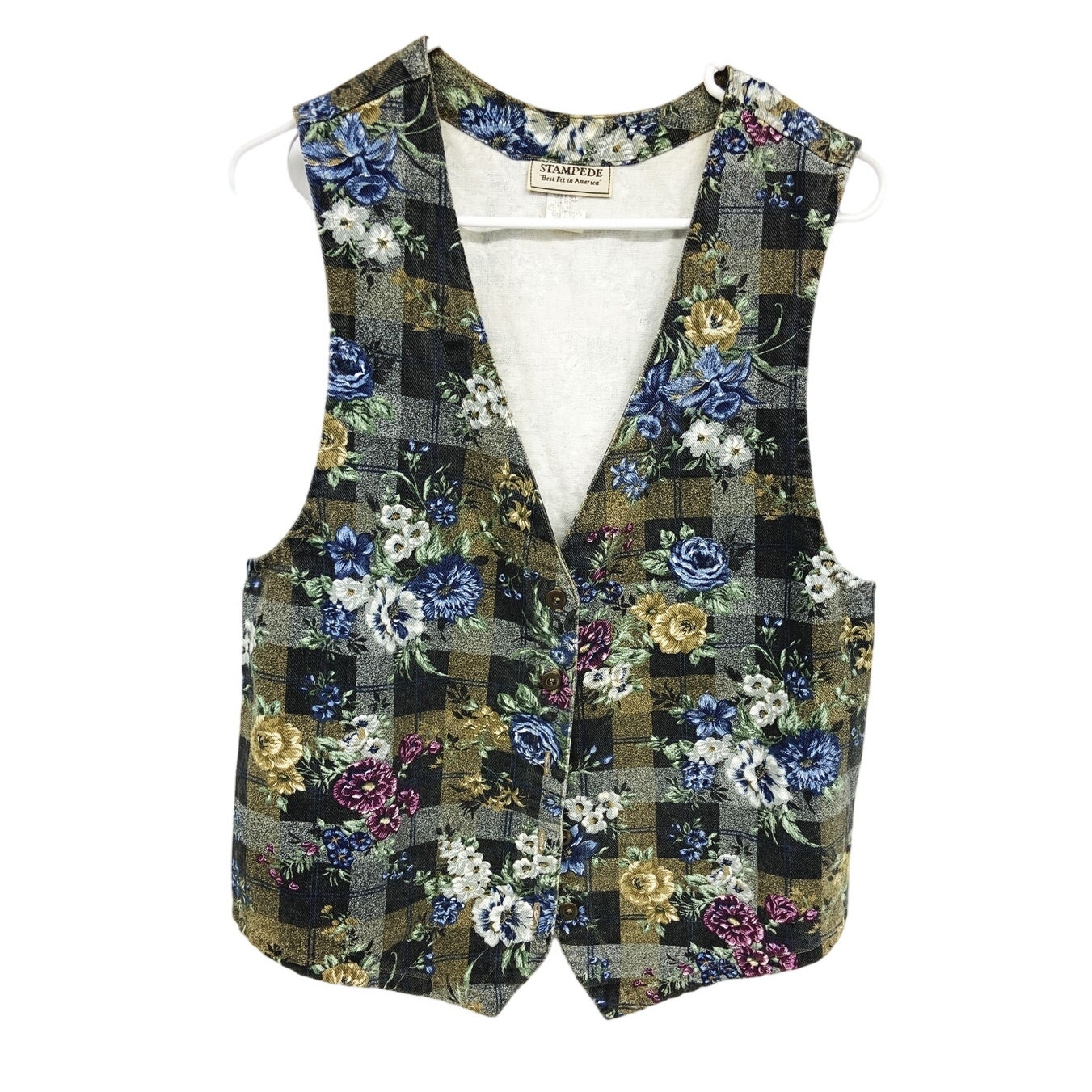 Vintage Stampede 90s Womens Floral Cabbage Rose Check Vest Size M