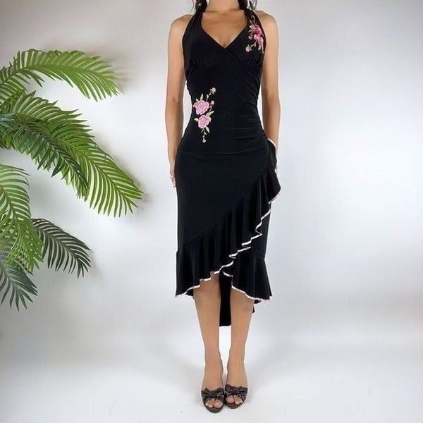 Vintage Y2K Black Floral Fairy Grunge Ruffle Halter Top 2000s Dress / Size: S