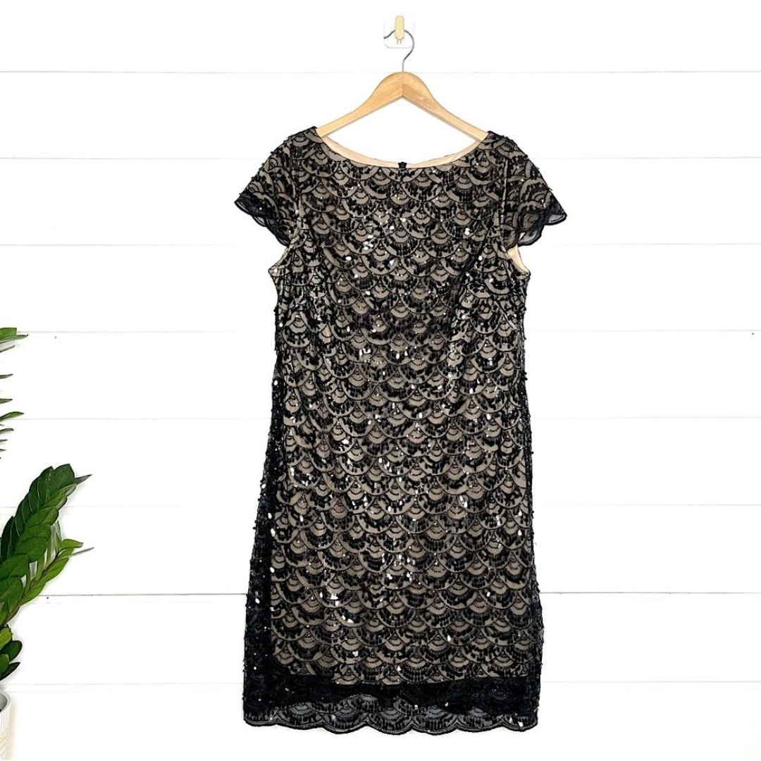 Jessica Howard Evening Black Sequin Scalloped Hem Cocktail Dress