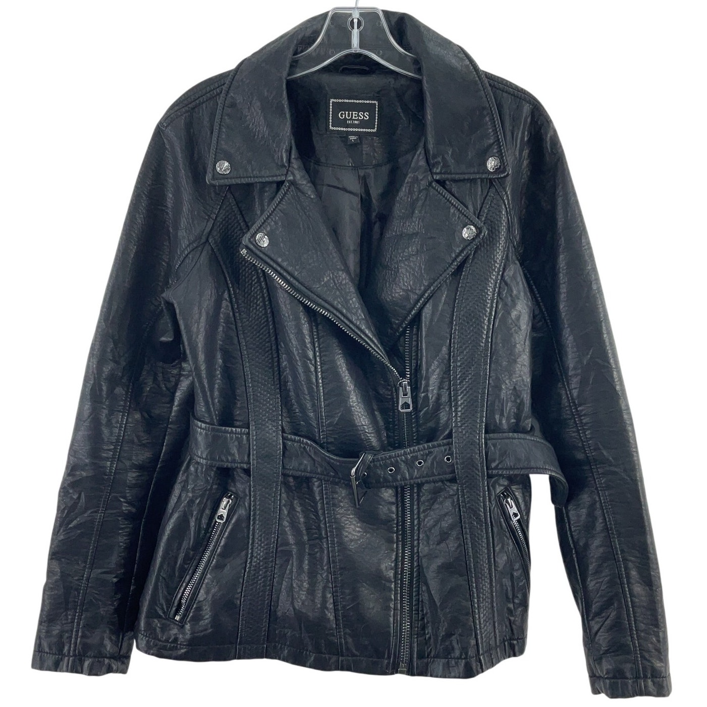 Guess Black Faux Leather Belted Corset Motorcycle Jacket Women's Large Preowned