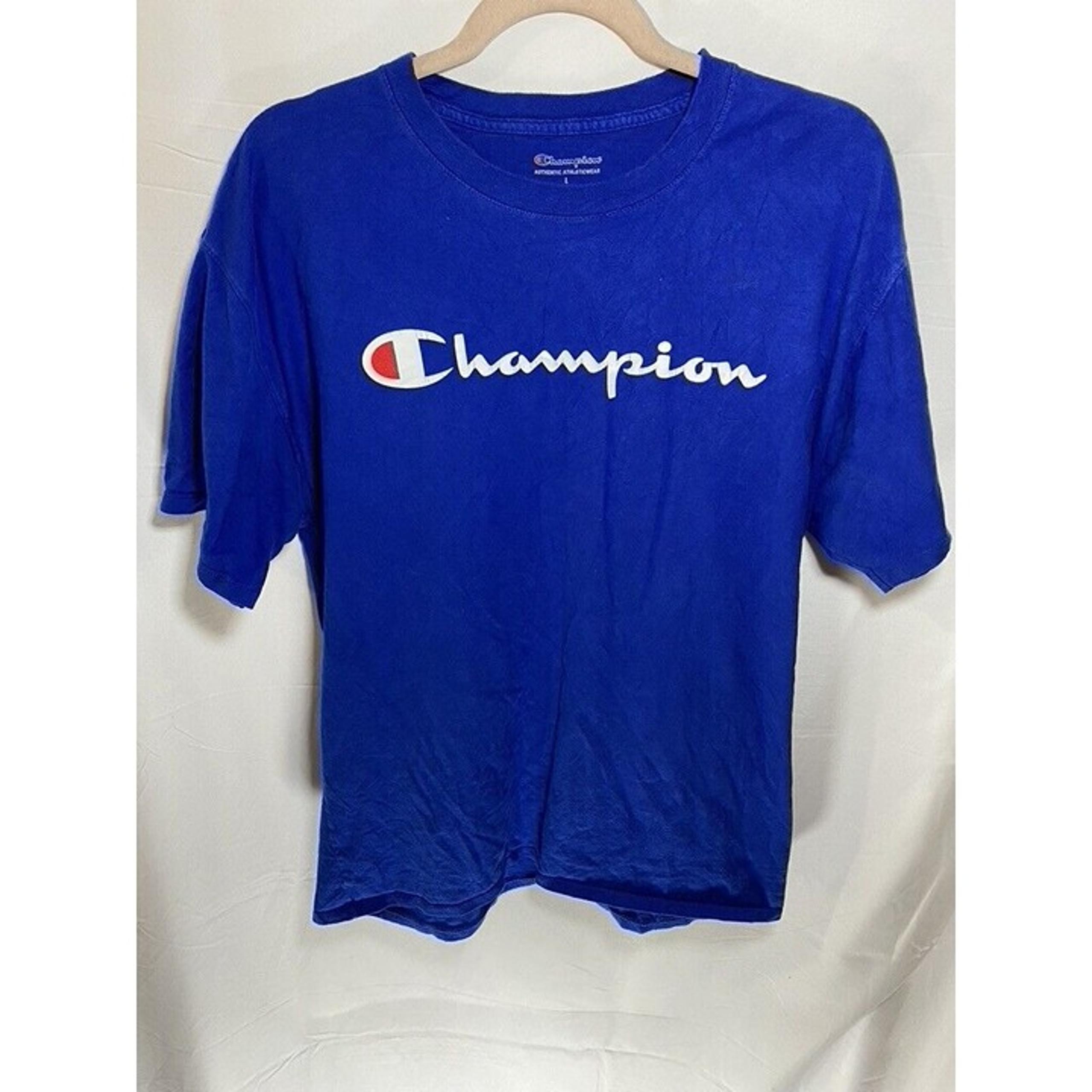 Champion Shirt Adult Large Blue Spell Out Logo Pullover Tee Mens