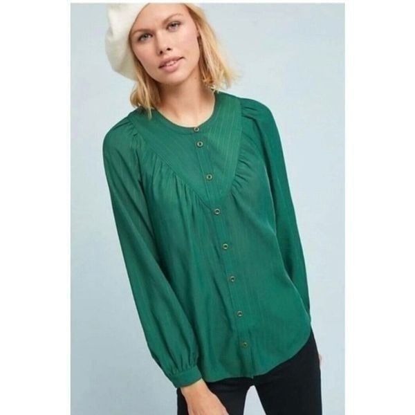 Anthropology Maeve Green Solid Button Down Lightweight Minimalist Soft Long Slee