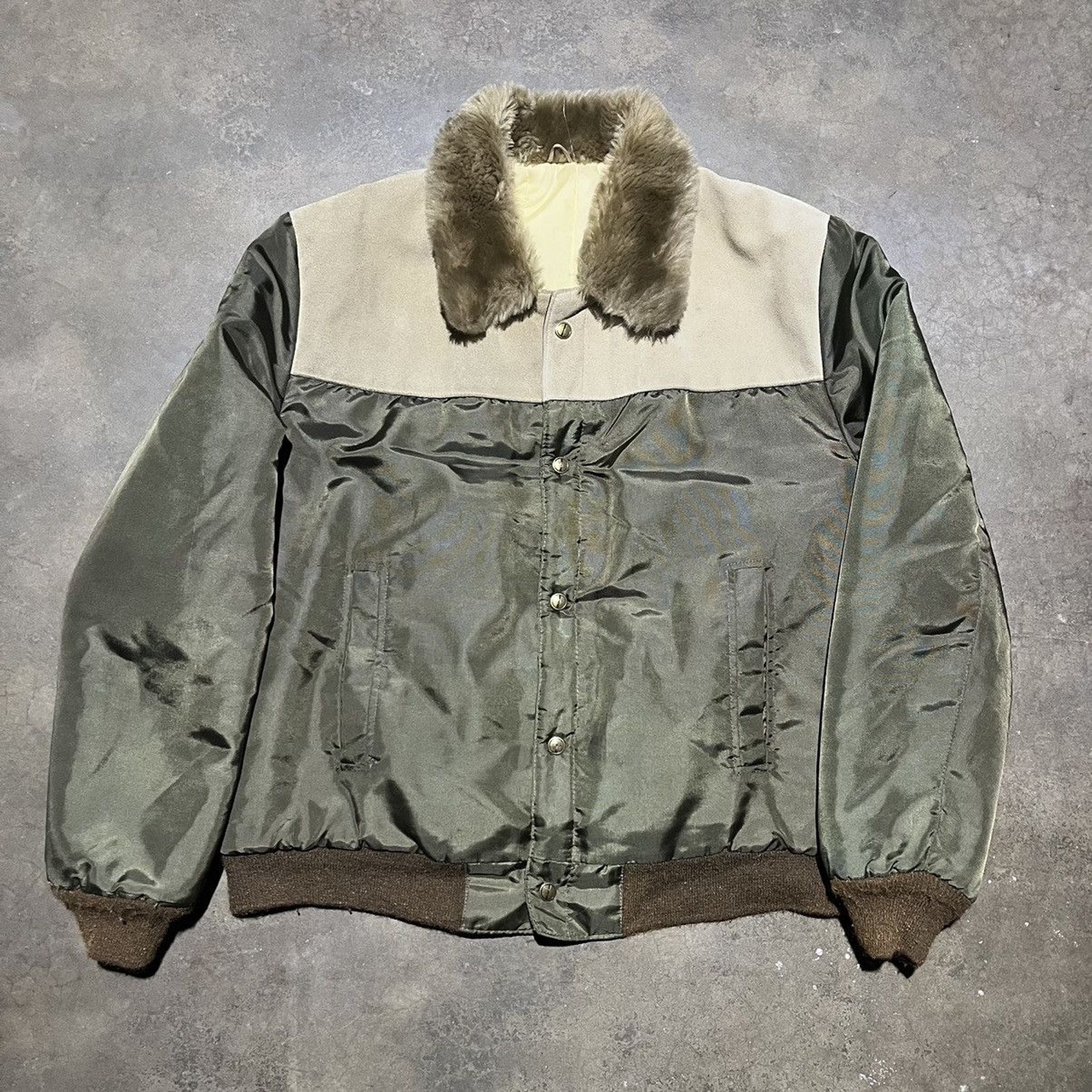 Vintage 60s Green Nylon/Suede Boxy Bomber Jacket