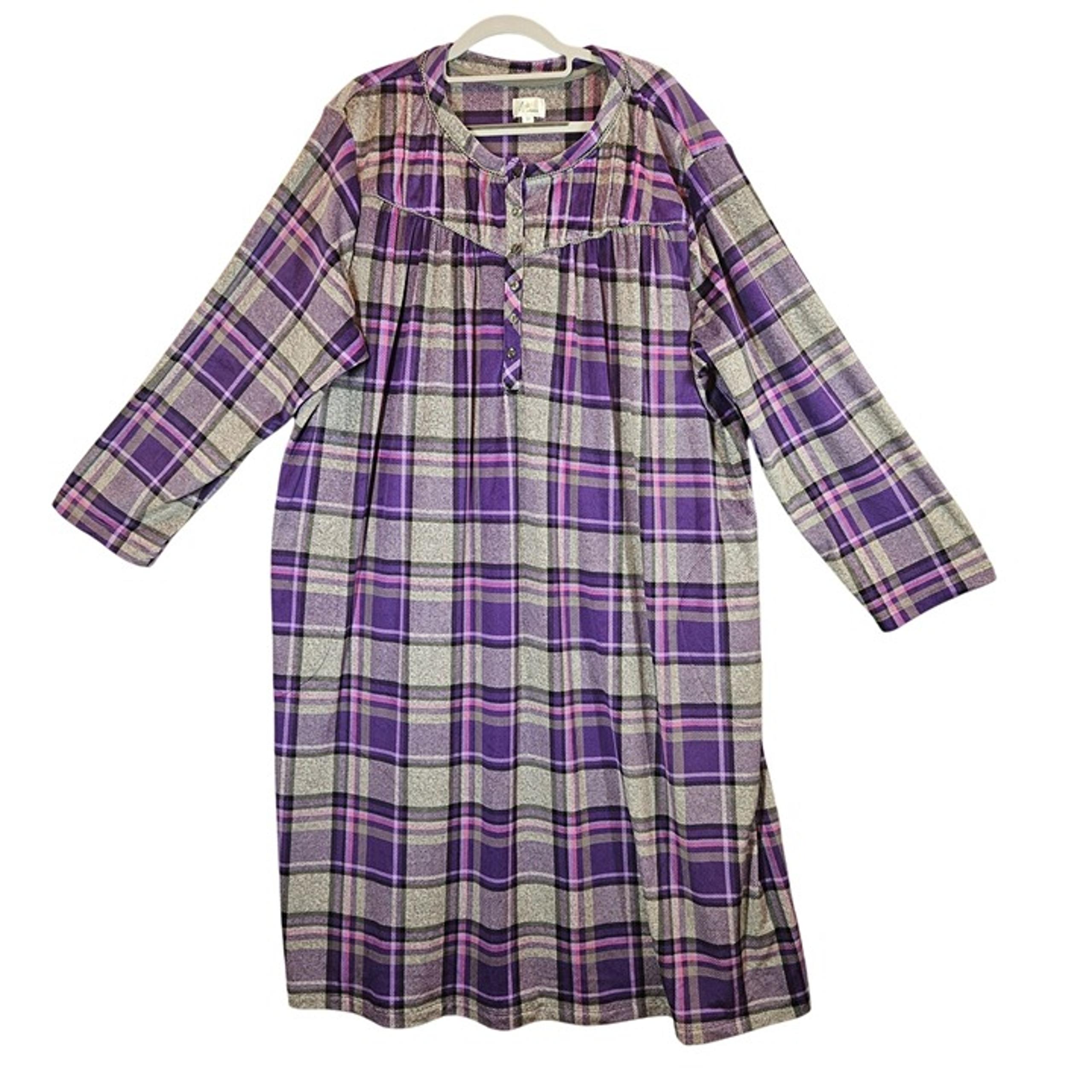 Aria Purple Plaid Nightgown Long Sleeve Button Womens 3X Lounge Wear soft fleece