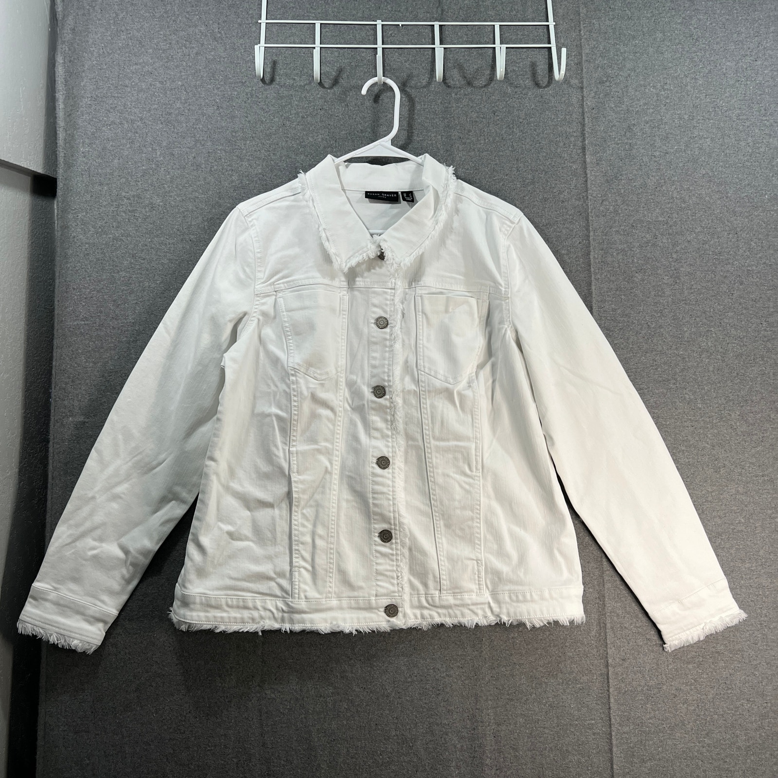 Susan Graver Stretch Denim Button-Front Frayed Jean Jacket White Size Large