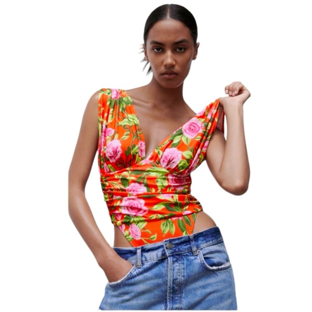 Zara Deep V Floral High Cut Draped Slimming Bodysuit Beach Swimsuit Sz Small NWT