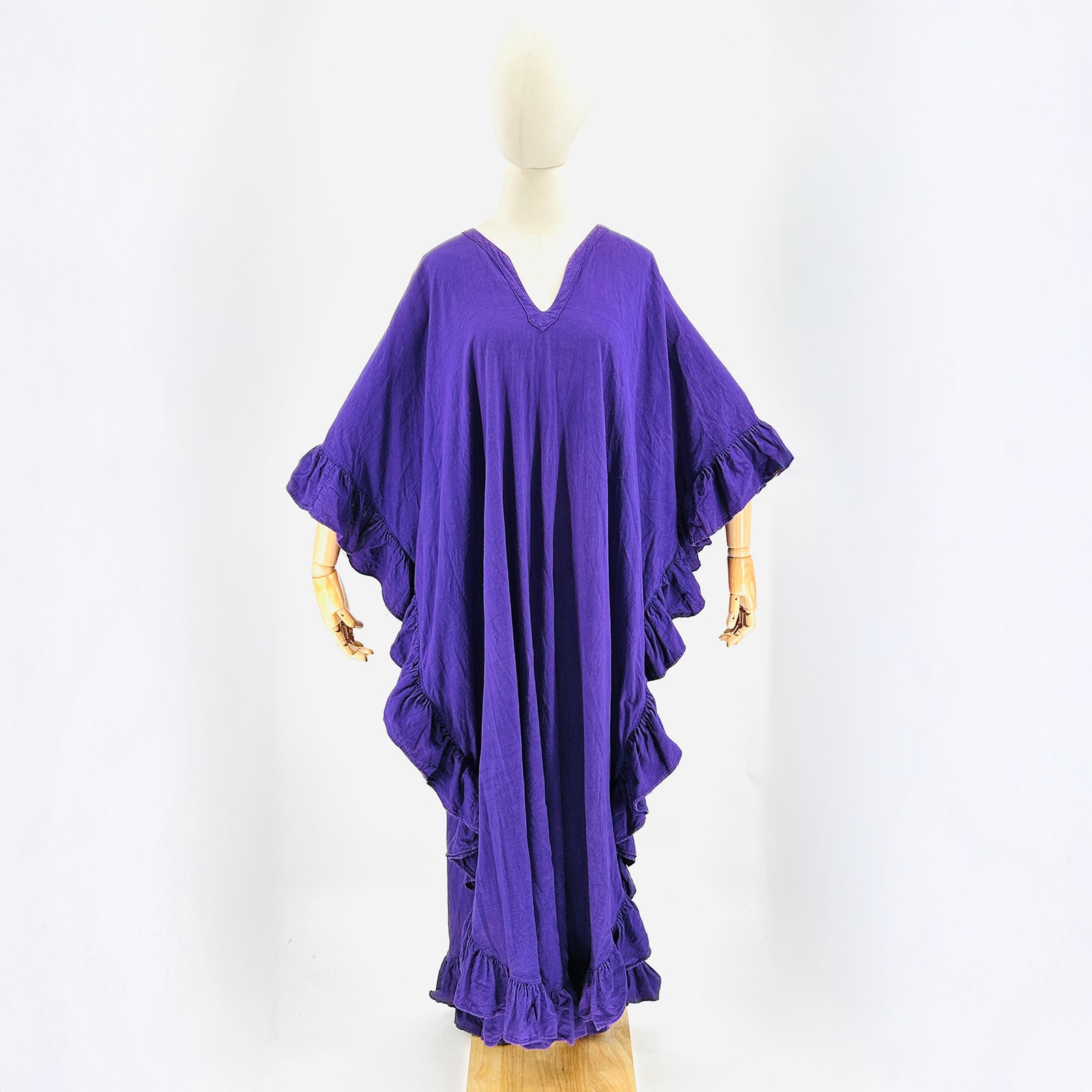 80s Purple Woven Cotton Kaftan Maxi Dress with Large Ruffle Hem