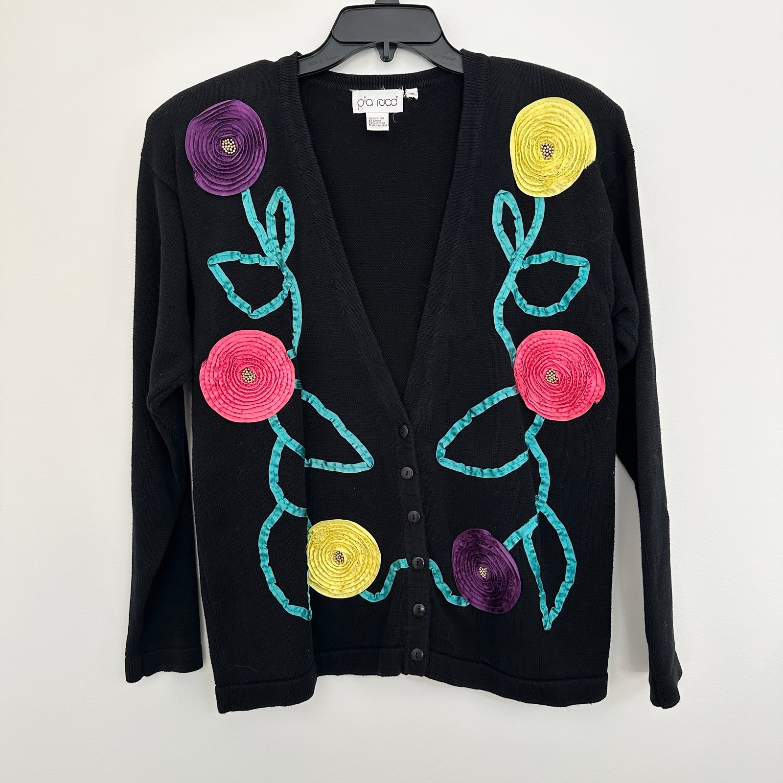 Vintage 80's Pia Rucci Black Knit Cardigan with Bright Ribbon Flowers Women's M