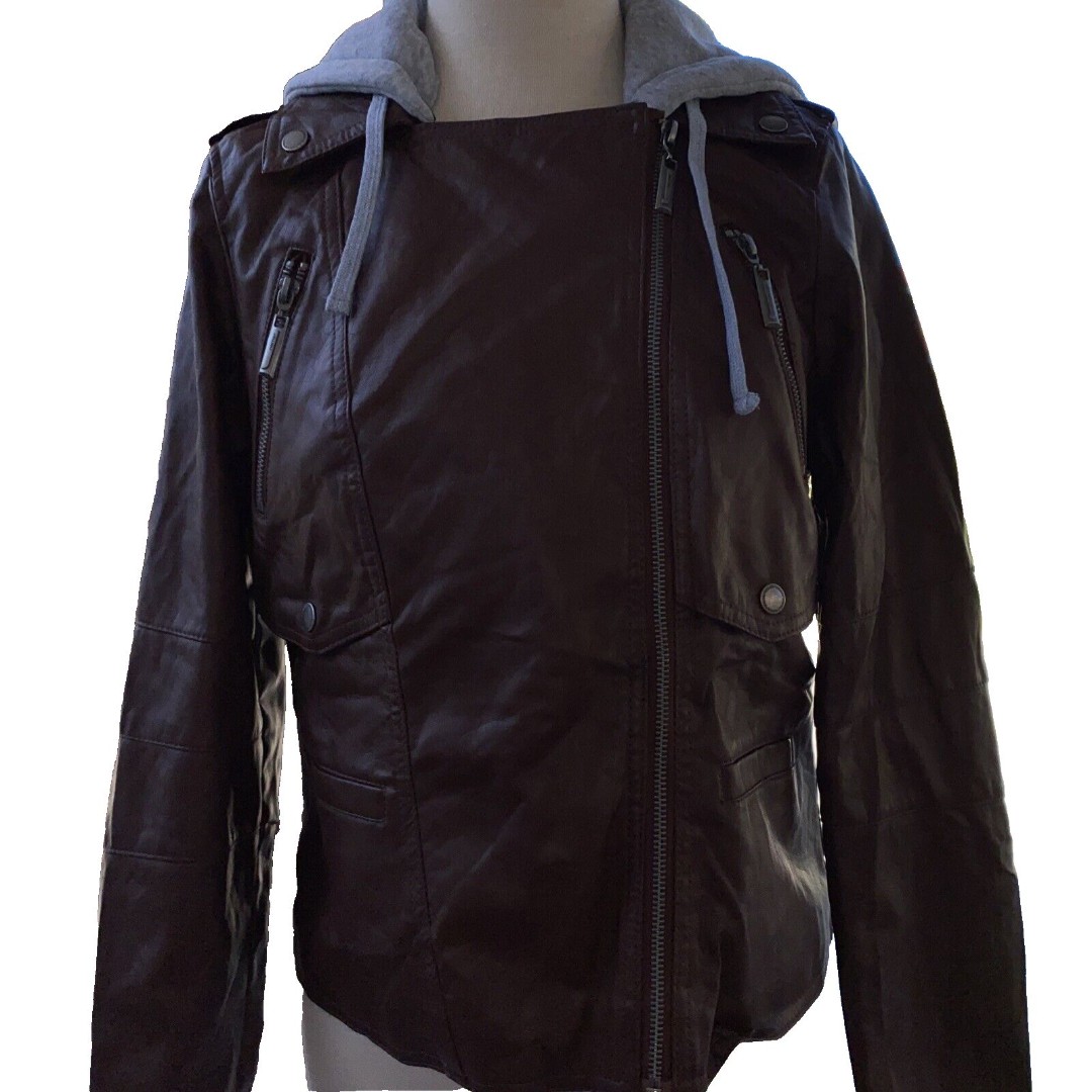 JouJou Brand Hoodie Vegan Leather Jacket Women's Medium Brown Motorcycle NWT