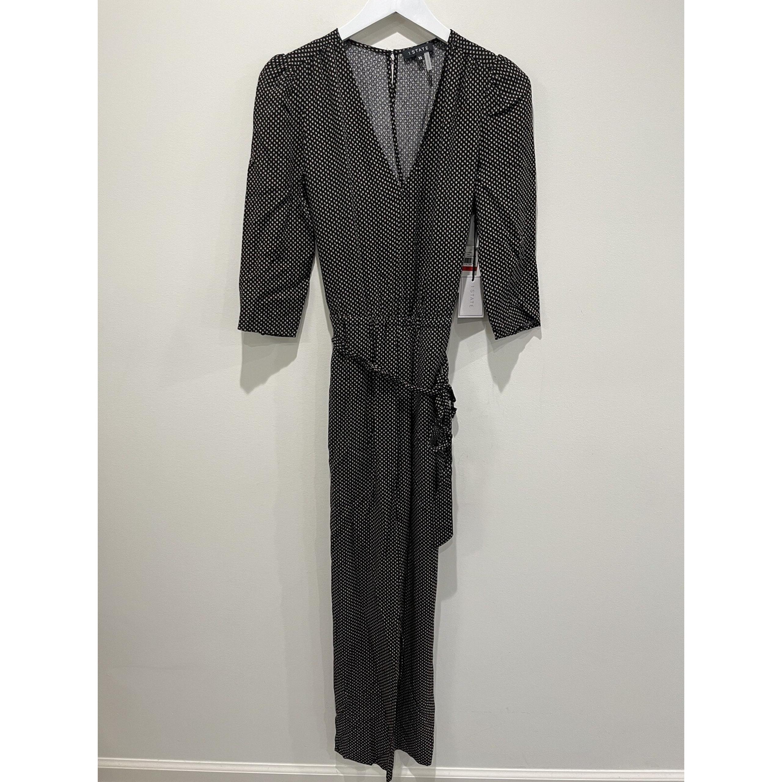 1. STATE Womens Black Belted Puff Sleeve V Neck Jumpsuit XS Print Casual Office