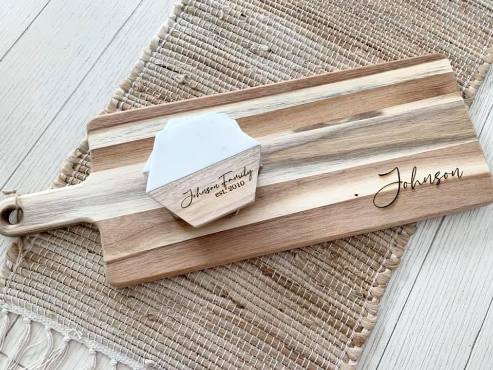Engraved/ Customized Charcuterie and Coaster (4) Gift Set