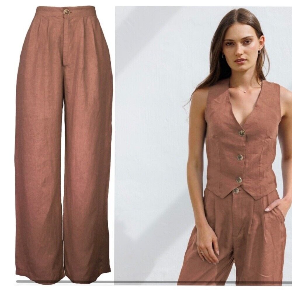 Larsen and Co South Africa Women's Brown Linen Portofino Trousers - Latte Size S