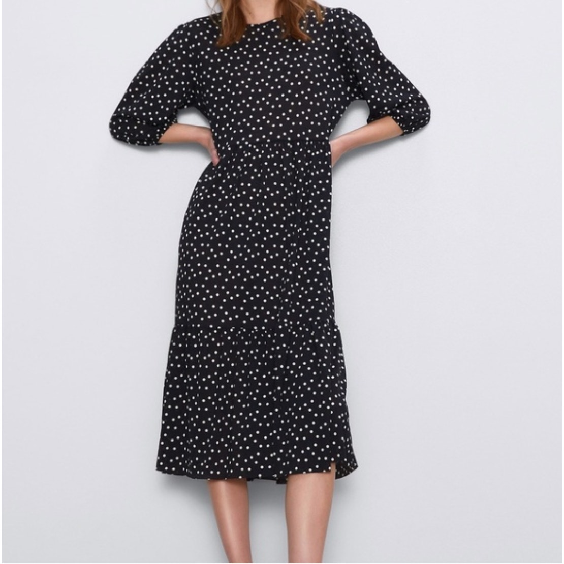 Zara Polka Dot Printed Midi Dress Black White Ruffle Hem 3/4 Sleeve Size S