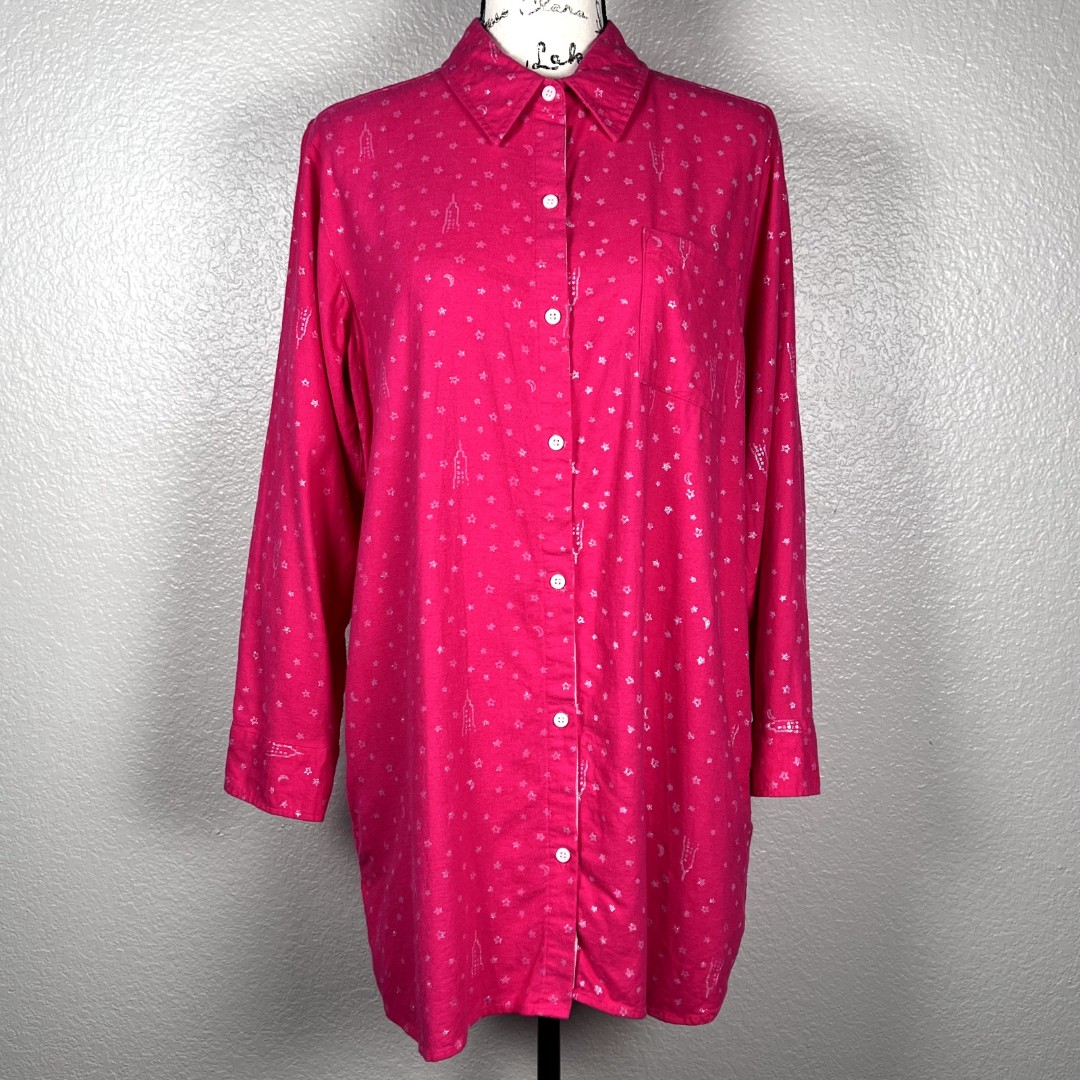 DKNY Sz M Long-Sleeve Pink Button-down Shirt with Pockets, Empire State Glitter