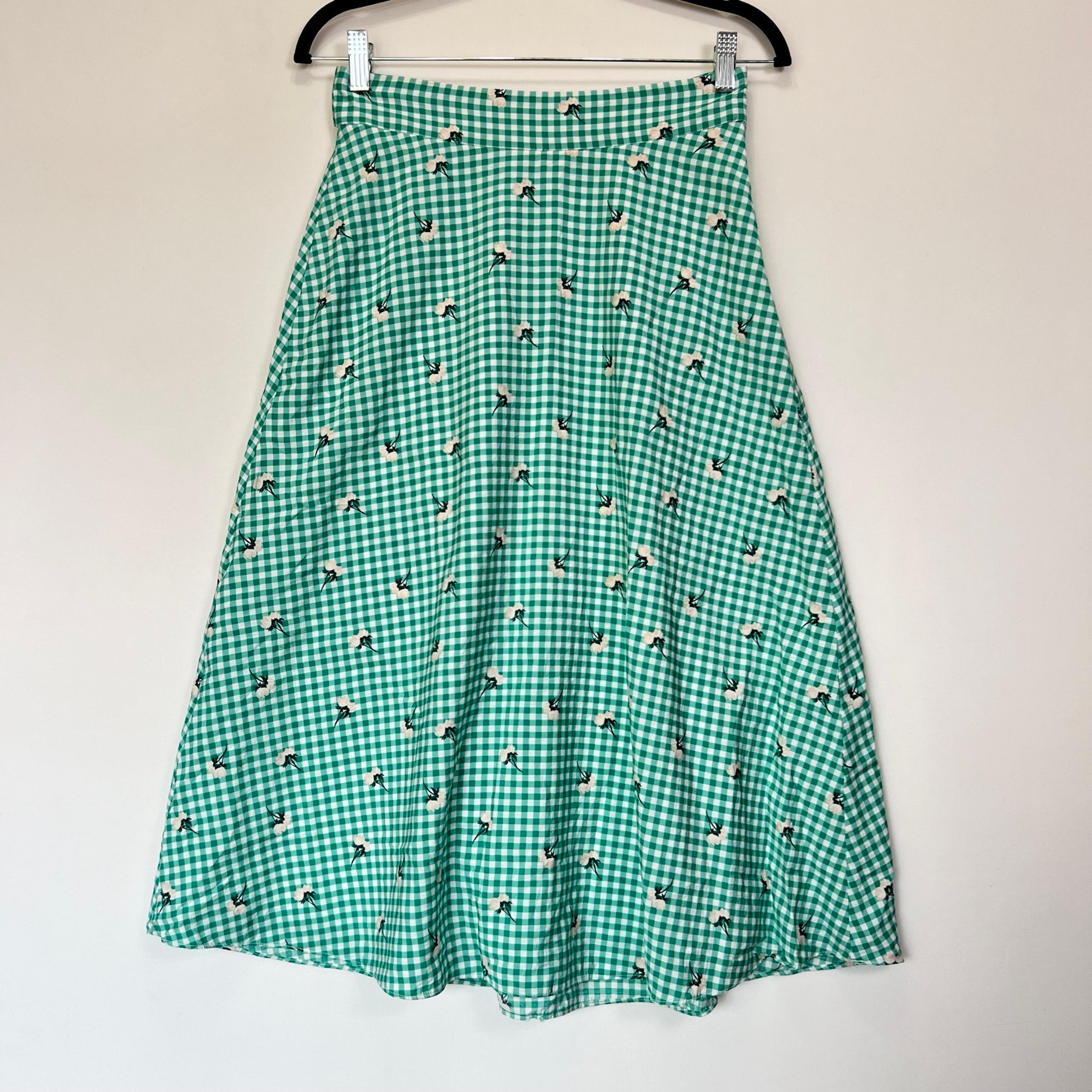 Ann Taylor Gingham A Line Midi Skirt Flower Print Green White Womens 2
